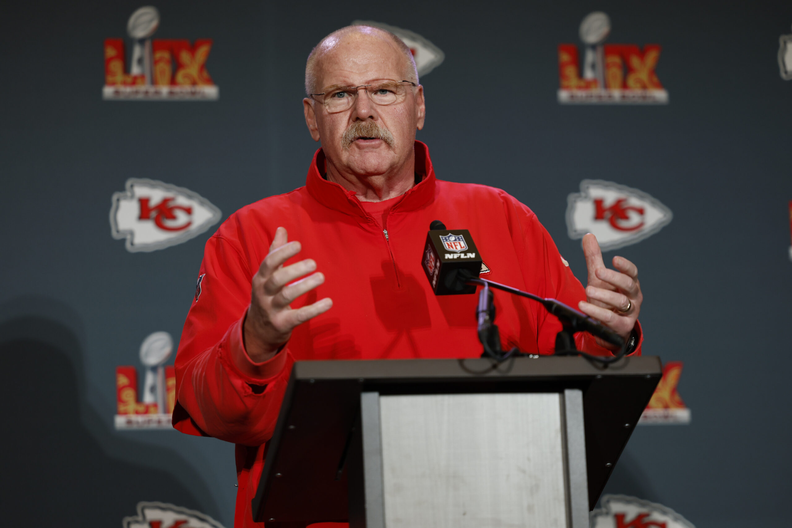 Aug 22, 2024; Kansas City, Missouri, USA; Kansas City Chiefs head coach Andy Reid watches play against the Chicago Bears during the first half at GEHA Field at Arrowhead Stadium.