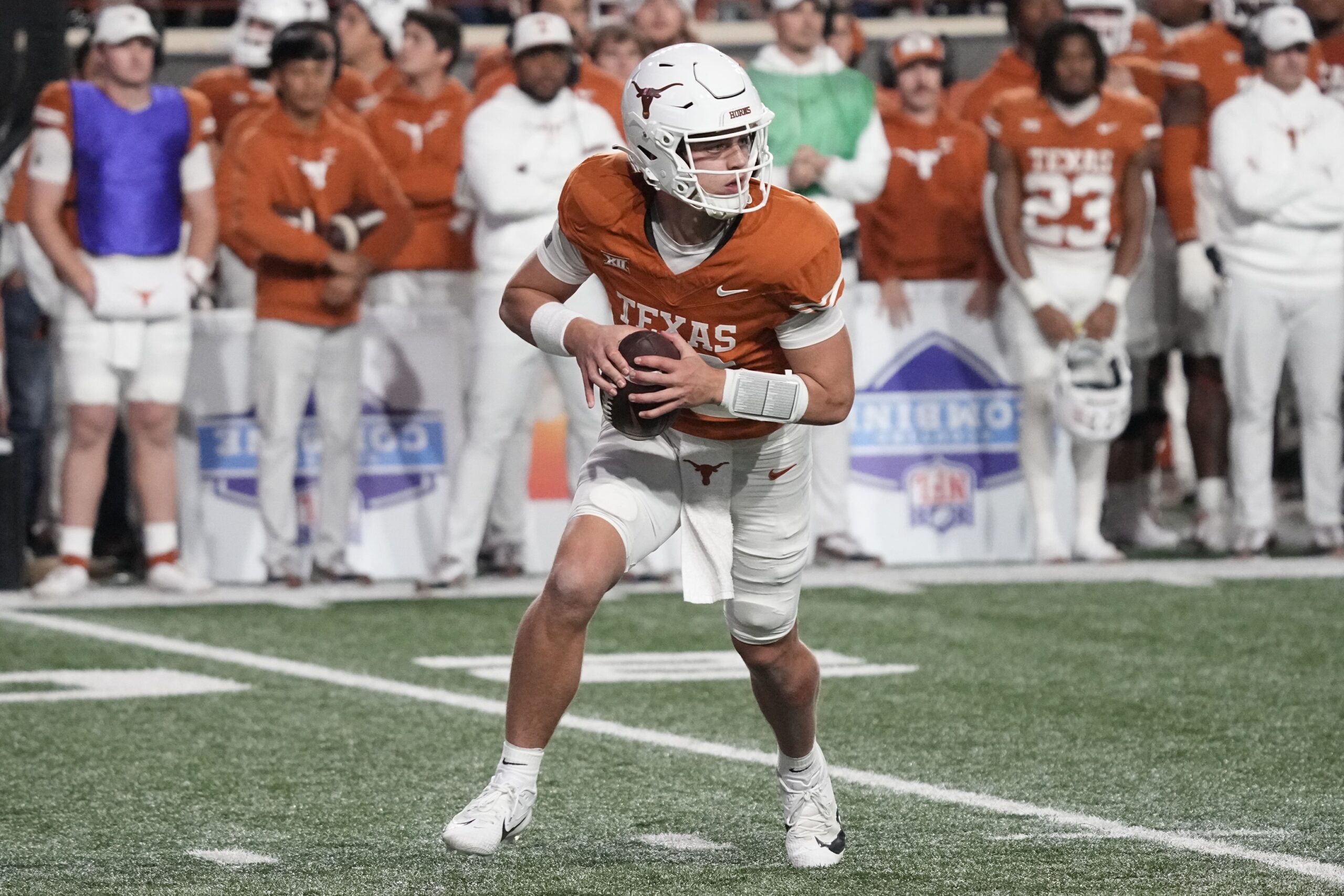 Nov 24, 2023; Austin, Texas, USA; Texas Longhorns quarterback Arch Manning (16) looks to pass the ball during the second half against the Texas Tech Red Raiders at Darrell K Royal-Texas Memorial Stadium.