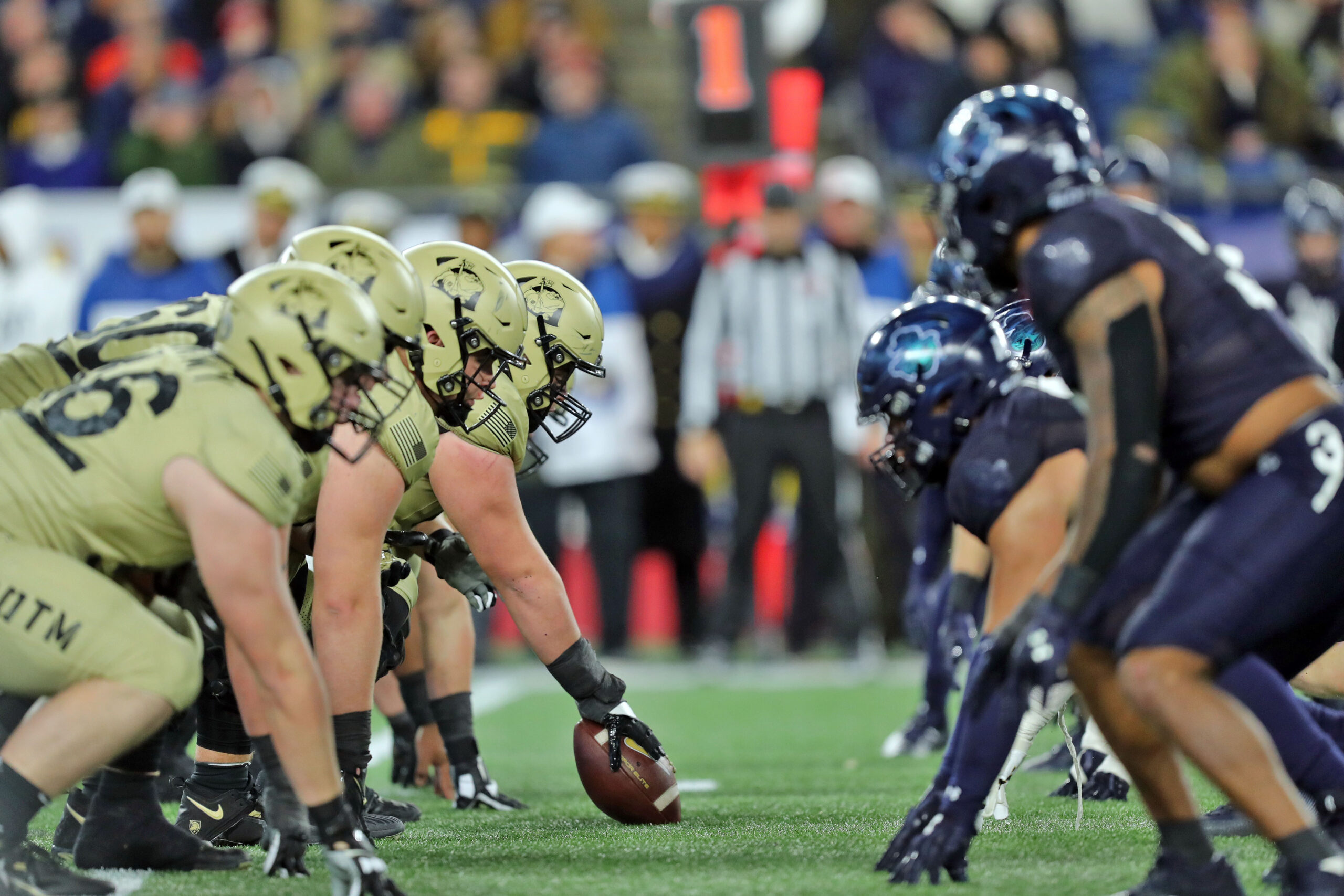 Dec 9, 2023; Foxborough, Massachusetts, USA; Army Black Knights offensive lineman Brady Small (51) lines up at the line of scrimmage against the Navy Midshipmen during the second half of the Army-Navy Game at Gillette Stadium.