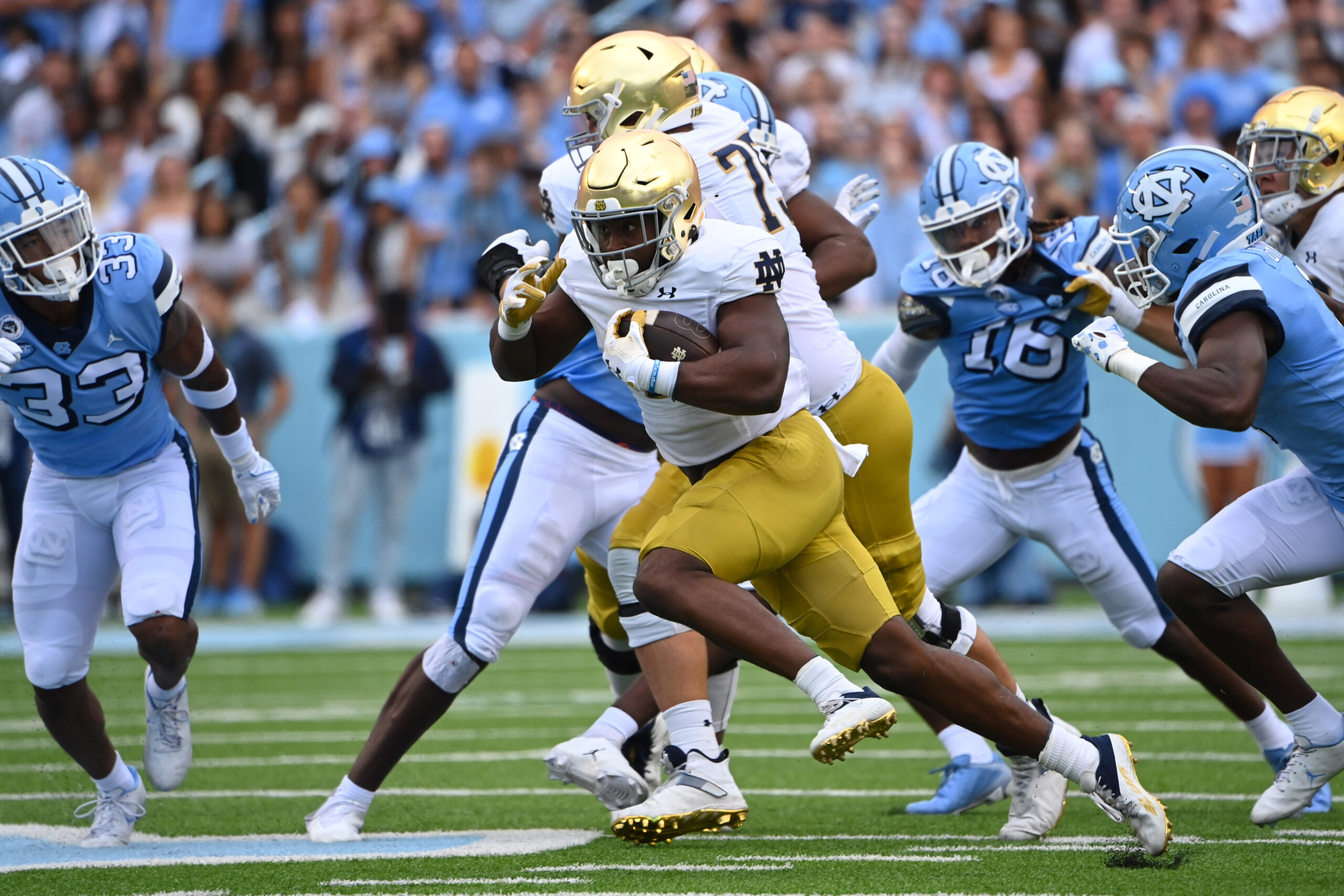 Sep 24, 2022; Chapel Hill, North Carolina, USA; Notre Dame Fighting Irish running back Audric Estime (7) with the ball in the second quarter at Kenan Memorial Stadium.