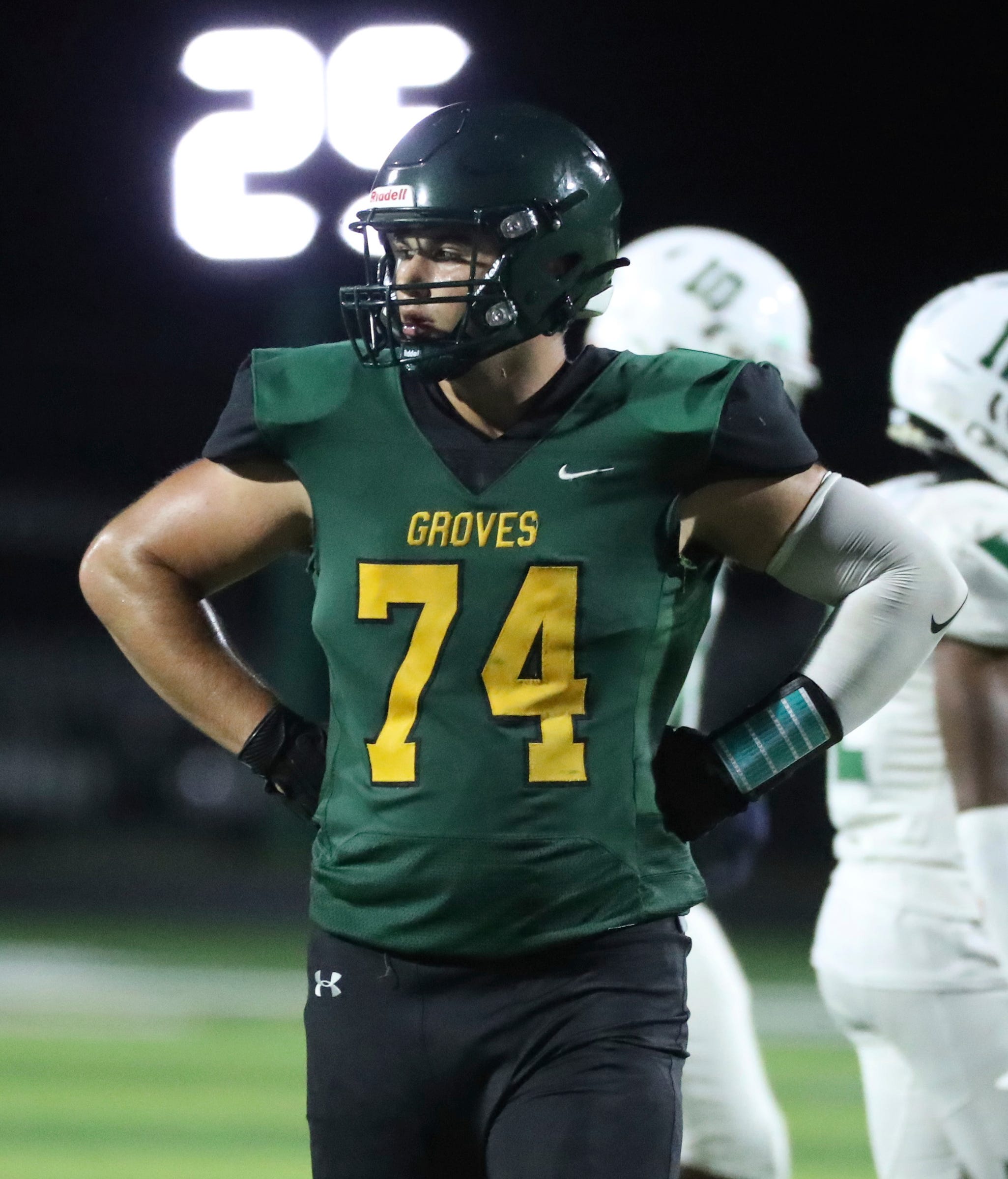 Birmingham Groves offensive lineman Avery Gach lines up against West Bloomfield during second-half action at Birmingham Groves on Thursday, Aug. 31, 2023.