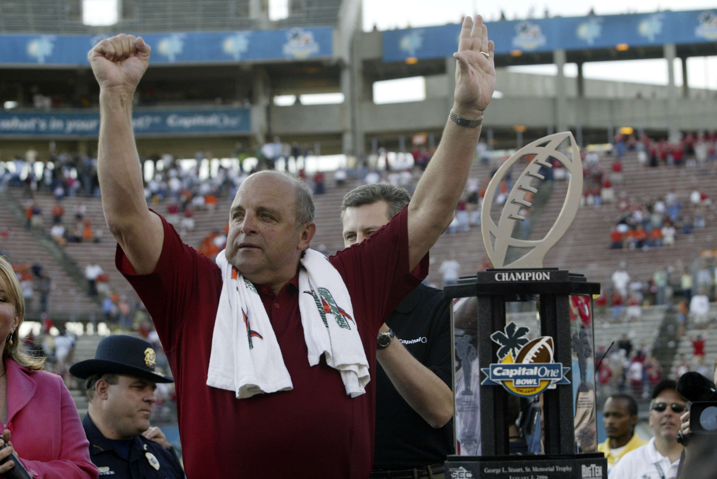 January 2, 2006; Orlando, FL, USA; Wisconsin Badgers head coach Barry Alvarez celebrates the victory over the Auburn Tigers at Florida Citrus Bowl Stadium in Orlando, FL. The Badgers beat the Tigers 24-10 in Alavarez's last game as head coach. 