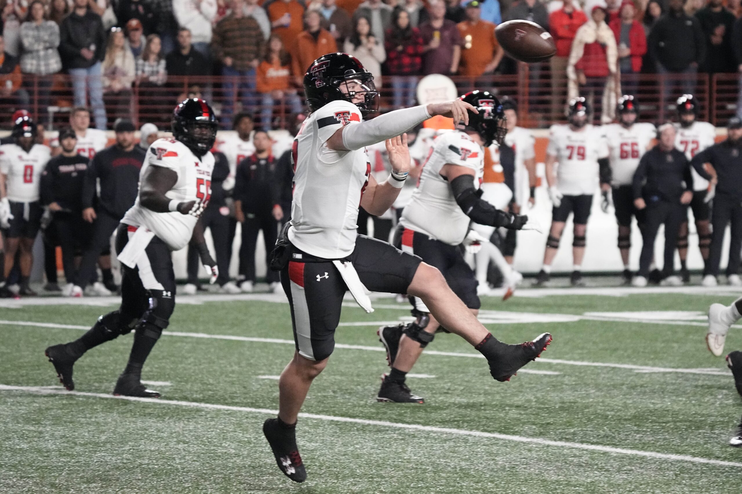 Nov 24, 2023; Austin, Texas, USA;Texas Tech Red Raiders quarterback Behren Morton (2) throws a pass during the first half against the Texas Longhorns at Darrell K Royal-Texas Memorial Stadium.