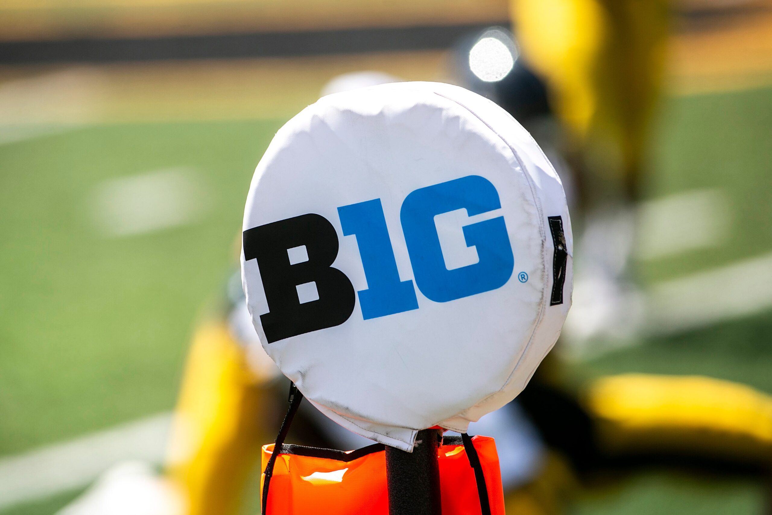 The logo of the Big Ten Conference is seen on a yard marker during Iowa Hawkeyes football Kids Day at Kinnick open practice, Saturday, Aug. 14, 2021, at Kinnick Stadium in Iowa City, Iowa.