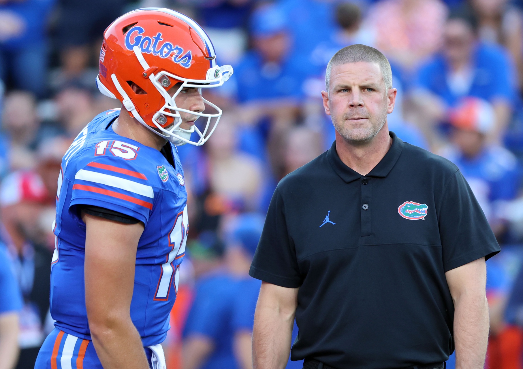 Sep 16, 2023; Gainesville, Florida, USA; Florida Gators quarterback Graham Mertz (15) and Florida Gators head coach Billy Napier against the Tennessee Volunteers prior to the game at Ben Hill Griffin Stadium.