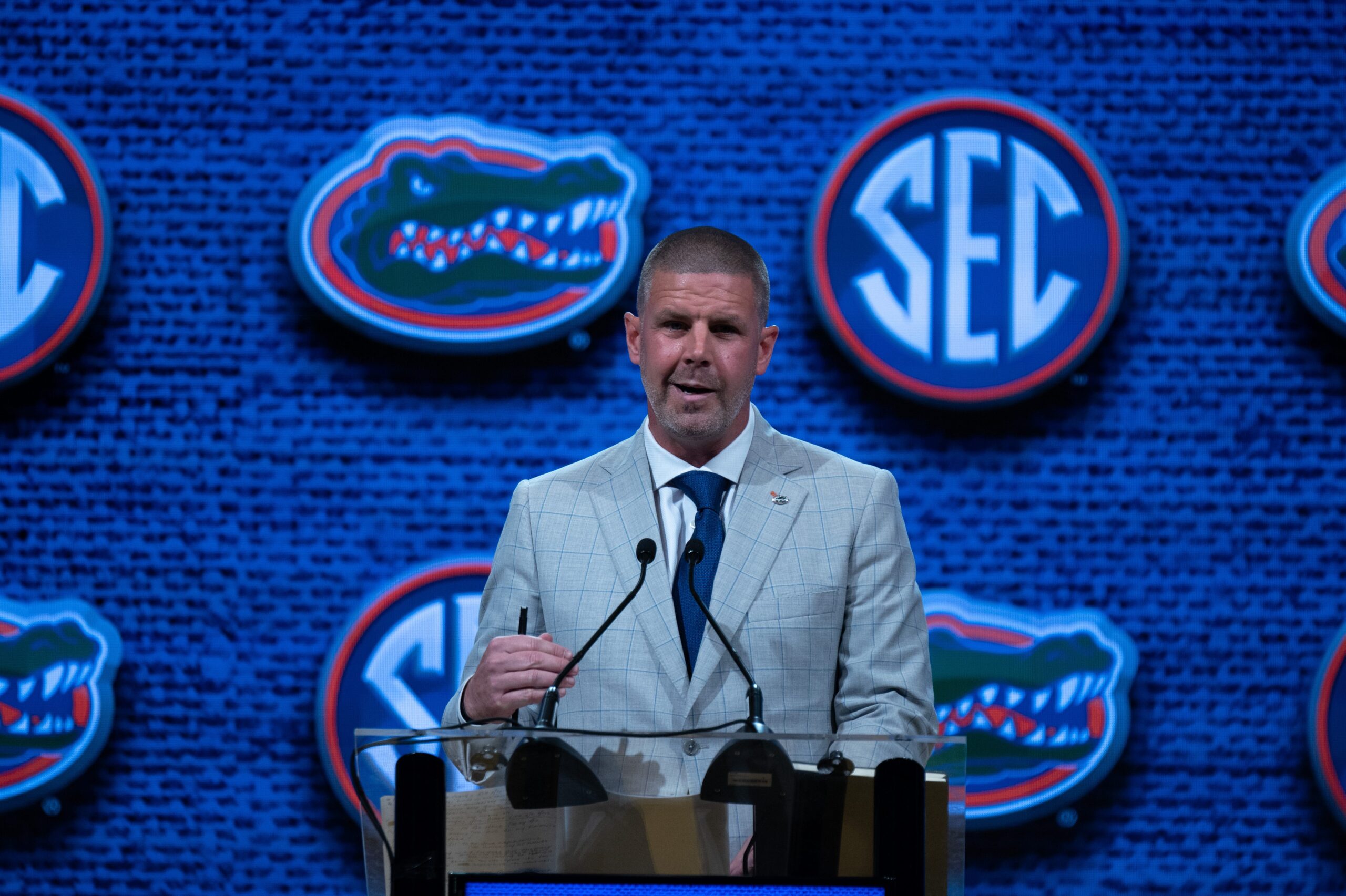 Florida Head Coach Billy Napier speaks at the 2023 SEC Football Kickoff Media Days at the Nashville Grand Hyatt on Broadway, Wednesday, July 19, 2023.