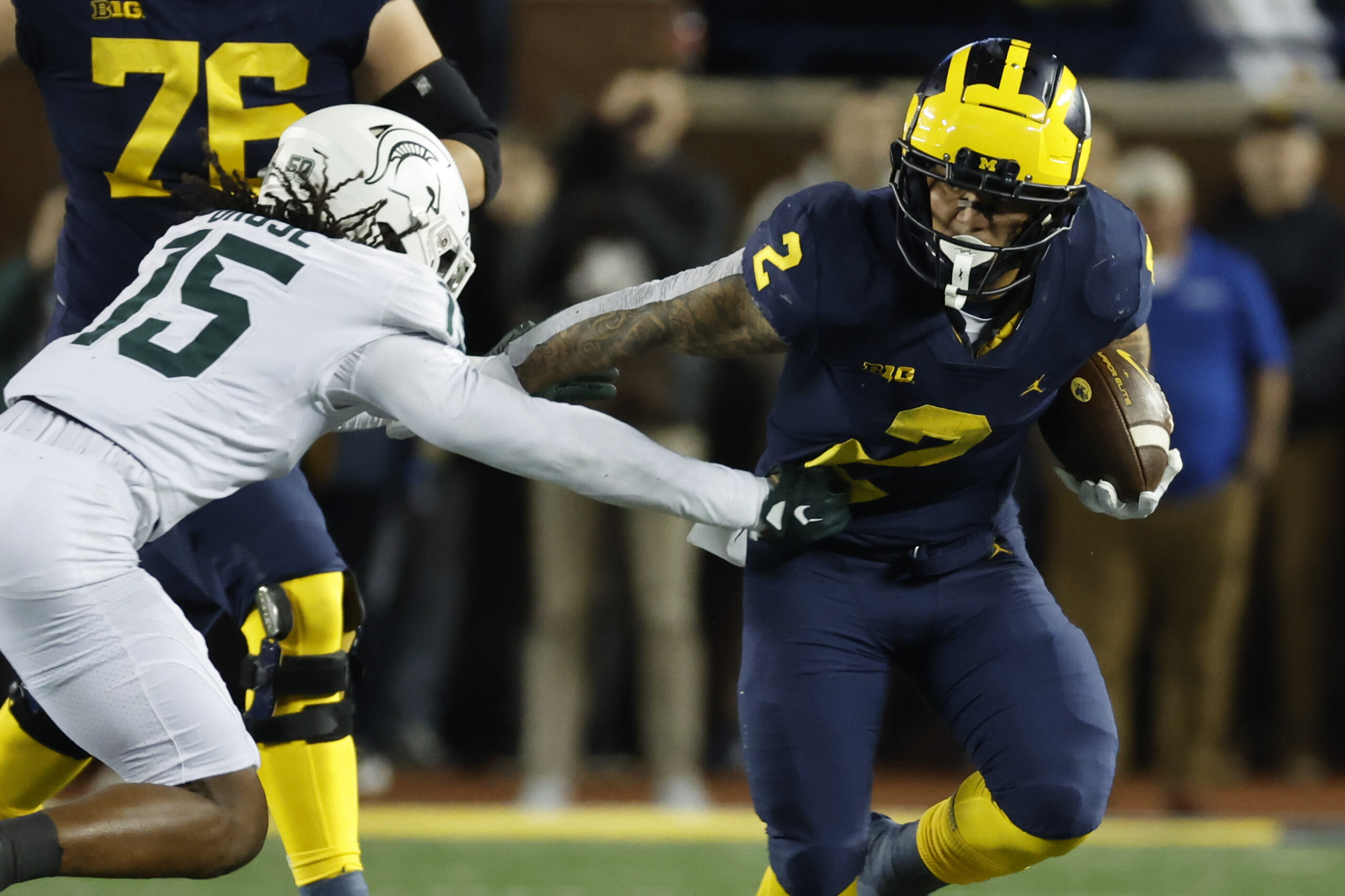 Oct 29, 2022; Ann Arbor, Michigan, USA; Michigan Wolverines running back Blake Corum (2) rushes in the first half against the Michigan State Spartans at Michigan Stadium.