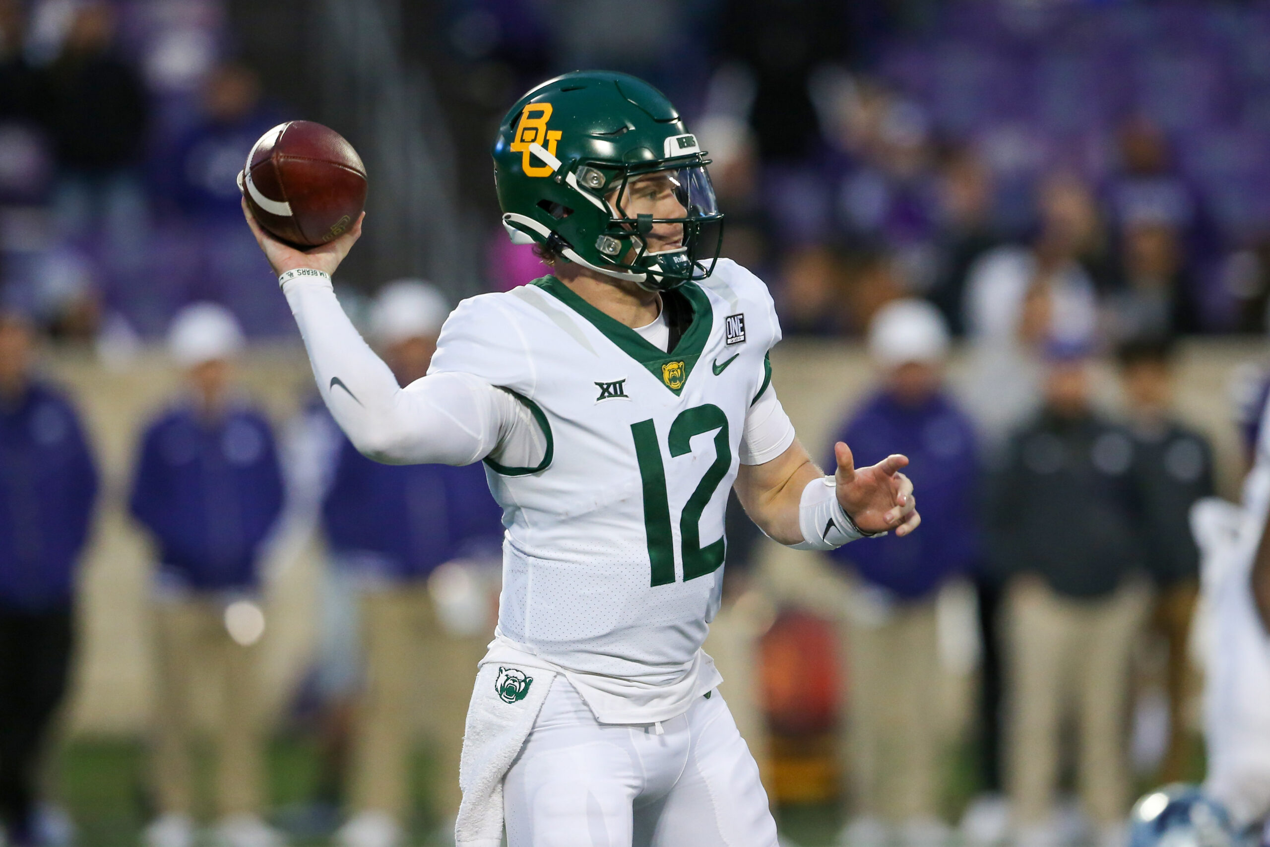 Sep 3, 2022; Waco, Texas, USA; Baylor Bears quarterback Blake Shapen (12) in action during the game between the Baylor Bears and the Albany Great Danes at McLane Stadium. Mandatory Credit: Jerome Miron-USA TODAY Sports