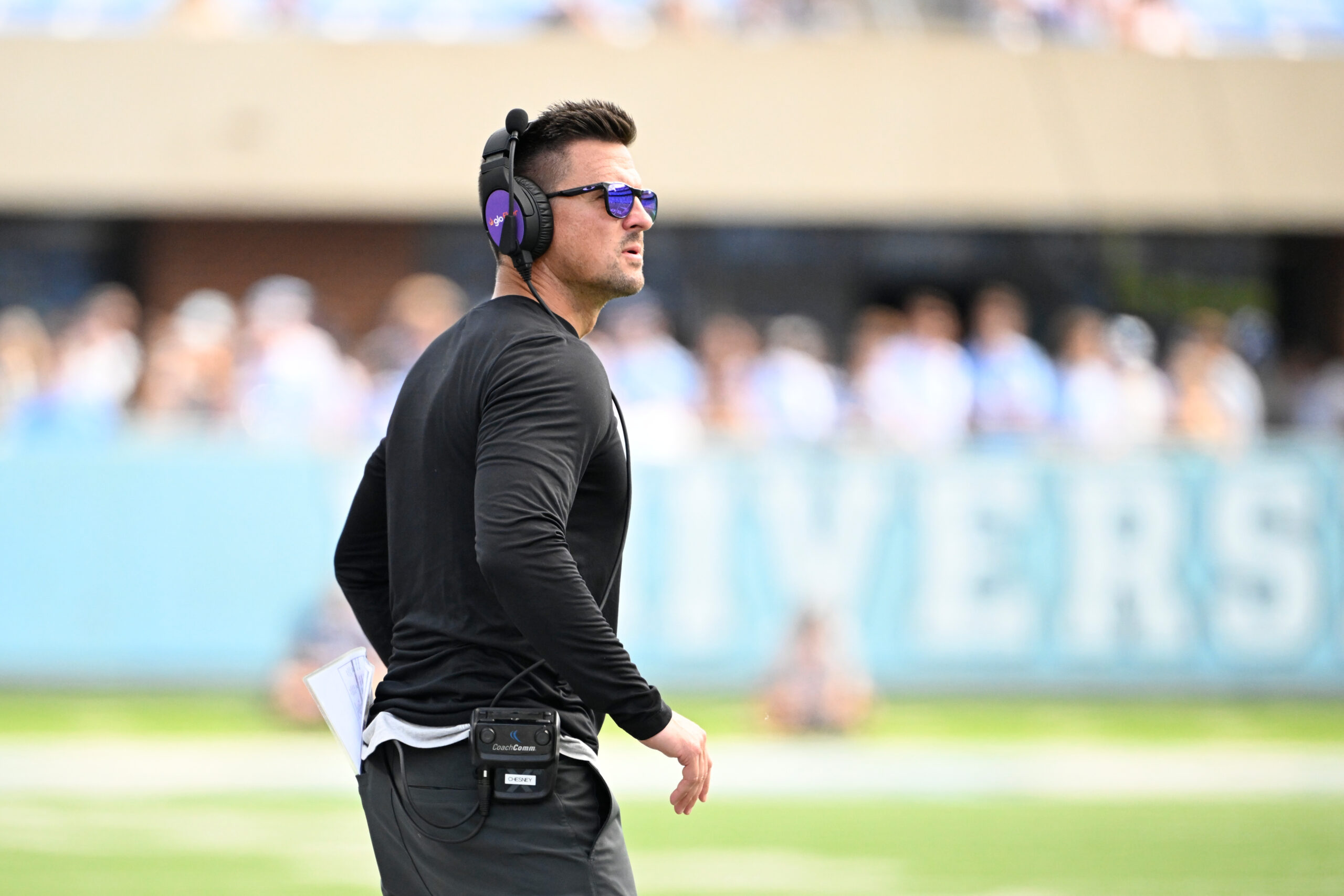 Sep 21, 2024; Chapel Hill, North Carolina, USA; James Madison Dukes head coach Bob Chesney on the sidelines in the second quarter at Kenan Memorial Stadium.
