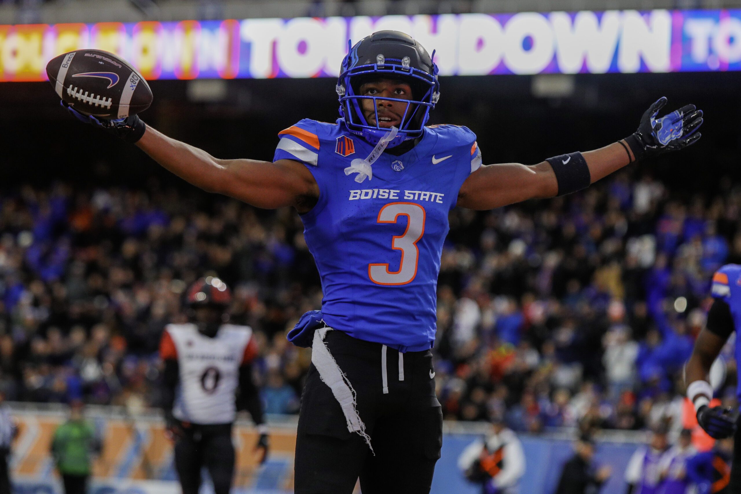 Nov 1, 2024; Boise, Idaho, USA; Boise State Broncos wide receiver Latrell Caples (3) celebrates during the first quarter against the San Diego State Aztecs at Albertsons Stadium.