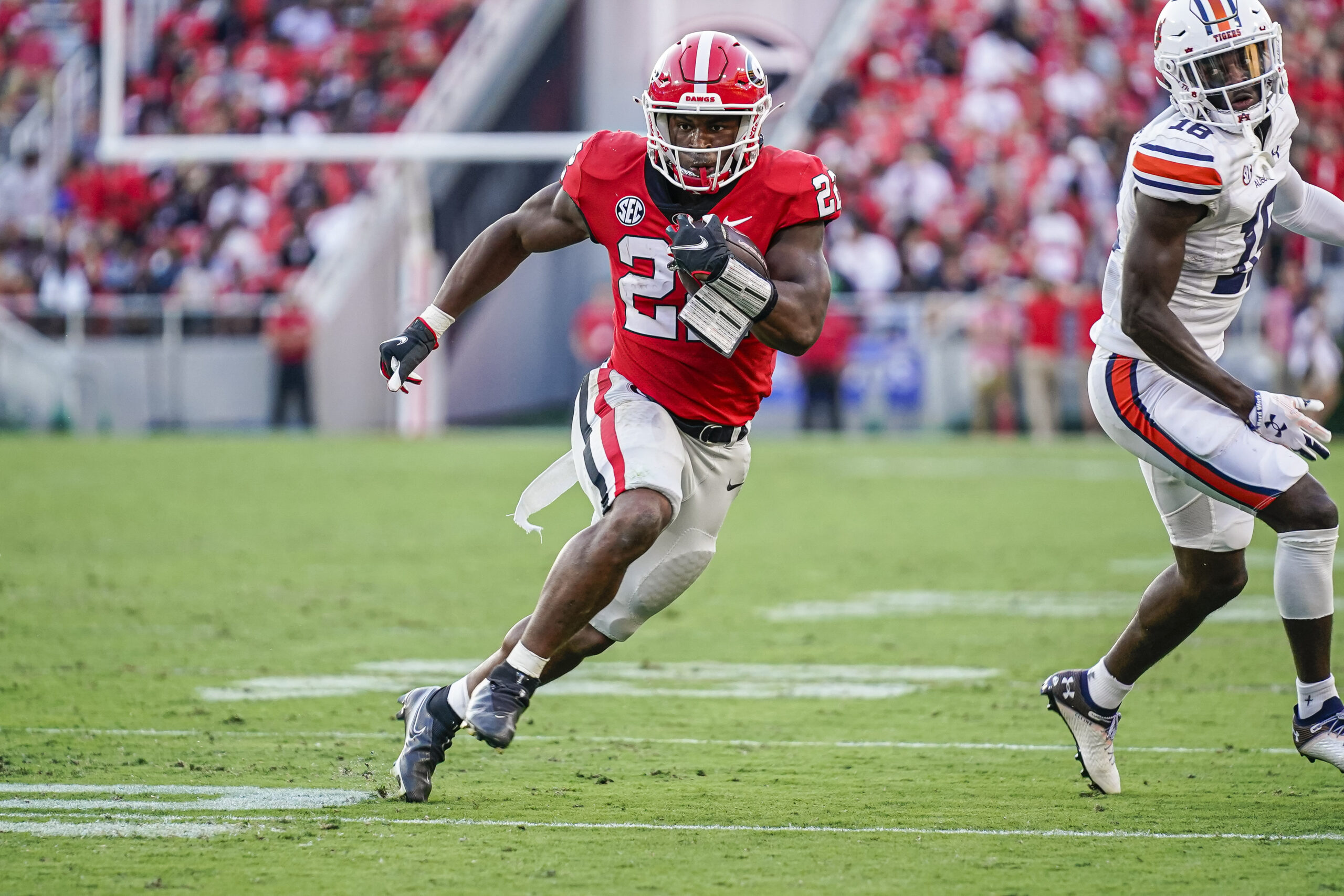 Oct 8, 2022; Athens, Georgia, USA; Georgia Bulldogs running back Branson Robinson (22) runs for a touchdown against the Auburn Tigers during the second half at Sanford Stadium.