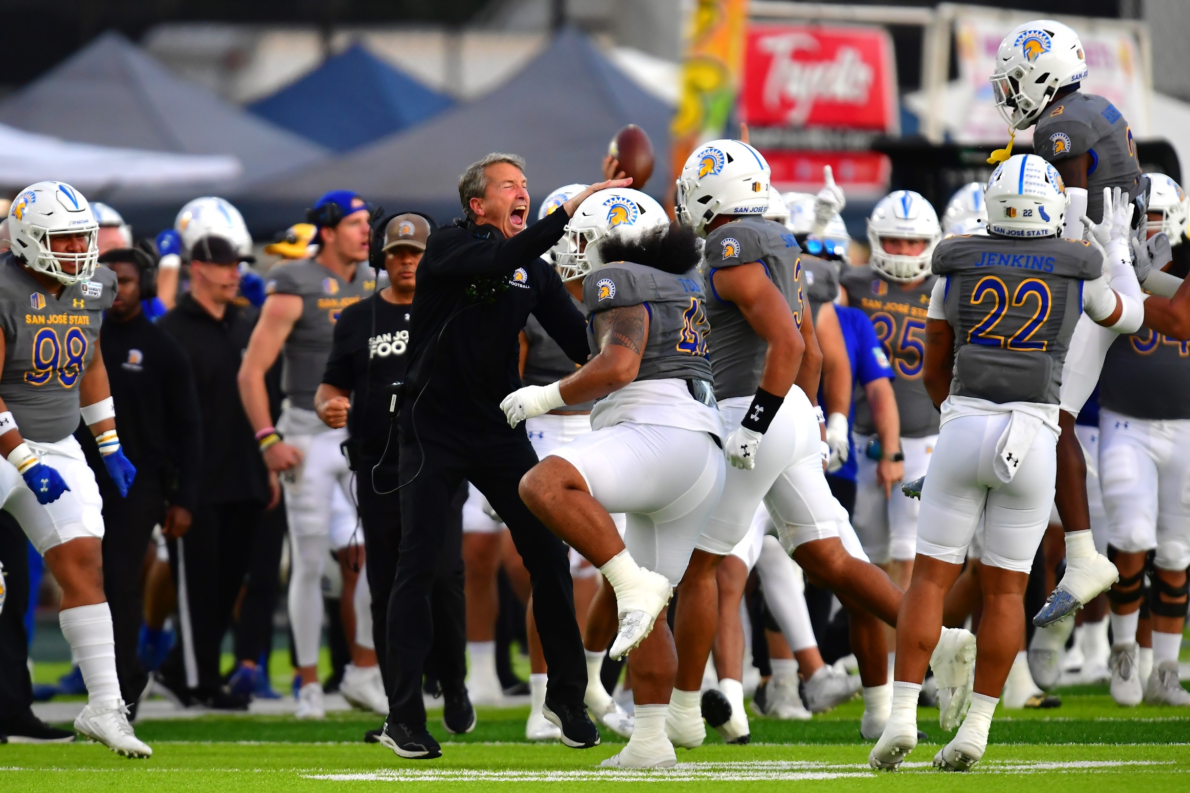 Dec 23, 2023; Honolulu, HI, USA; San Jose State Spartans head coach Brent Brennan celebrates after a stop abasing the during the fourth quarter of the Easypost Hawaii Bowl at Clarence T.C. Ching Athletics Complex.