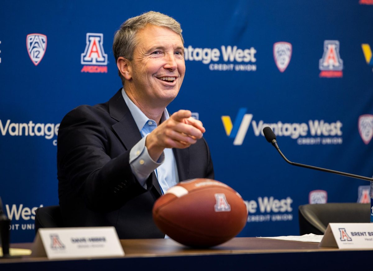 Arizona’s new football head coach Brent Brennan, in an introductory press conference in McKale Center on Tuesday, Jan. 16. Brennan is coming to the UA from San Jose State University and will be the 31st head coach for the Wildcats.