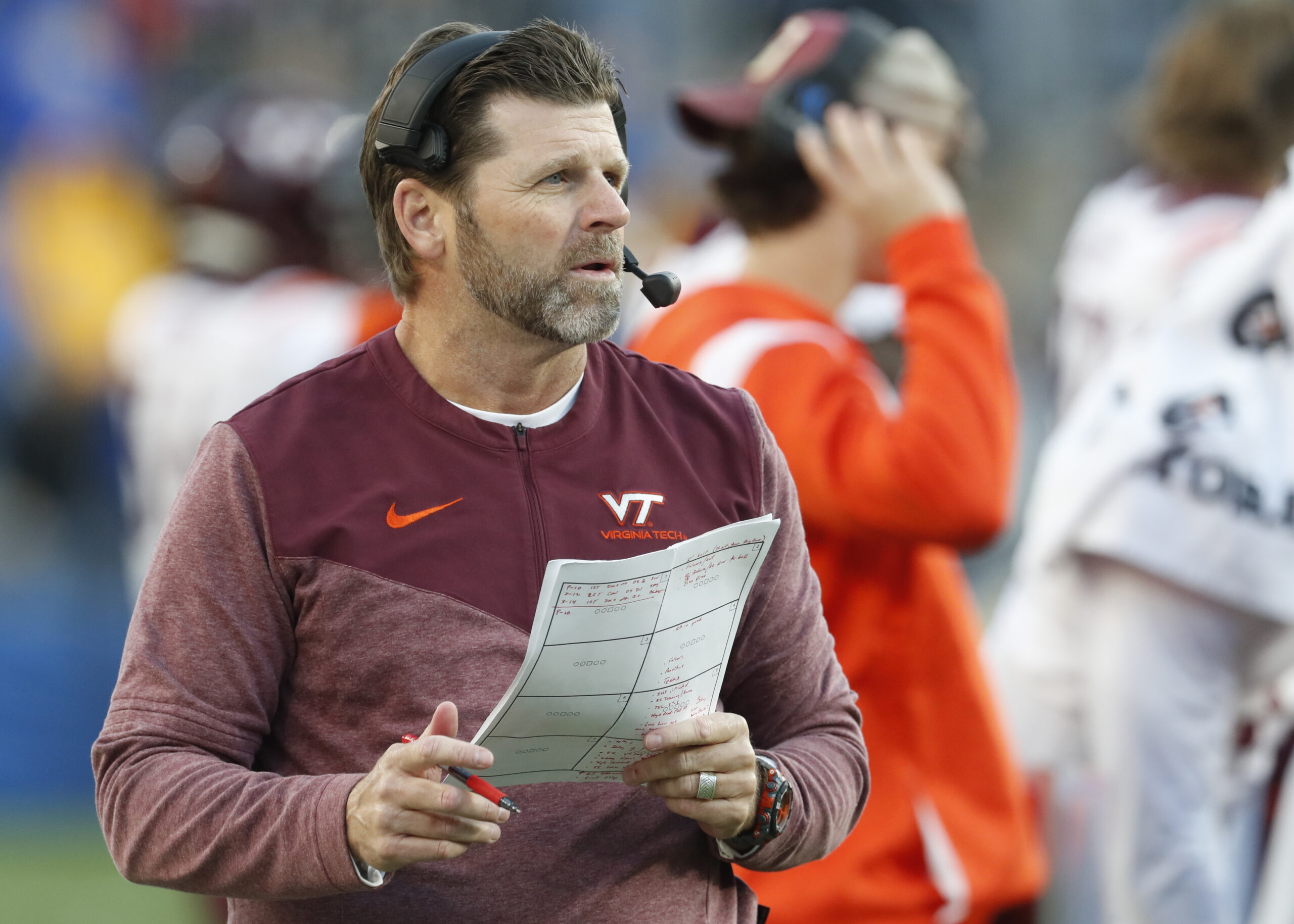 Sep 2, 2022; Norfolk, Virginia, USA; Virginia Tech Hokies head coach Brent Pry during the third quarter against the Old Dominion Monarchs at Kornblau Field at S.B. Ballard Stadium. Mandatory Credit: Peter Casey-USA TODAY Sports
