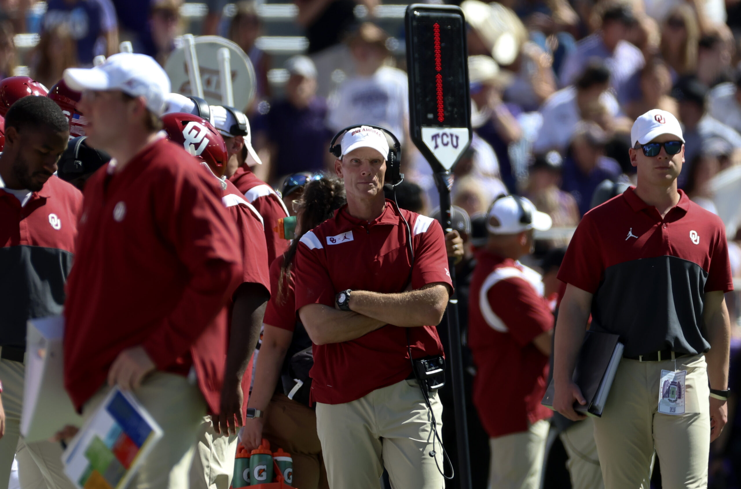 Oct 1, 2022; Fort Worth, Texas, USA; Oklahoma Sooners head coach Brent Venables reacts during the second half against the TCU Horned Frogs at Amon G. Carter Stadium.