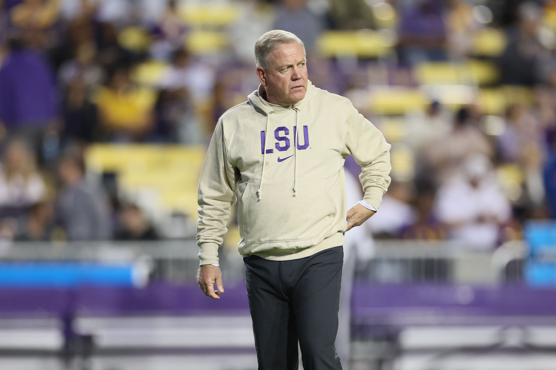Nov 18, 2023; Baton Rouge, Louisiana, USA; LSU Tigers head coach Brian Kelly before their matchup with the Georgia State Panthers at Tiger Stadium.