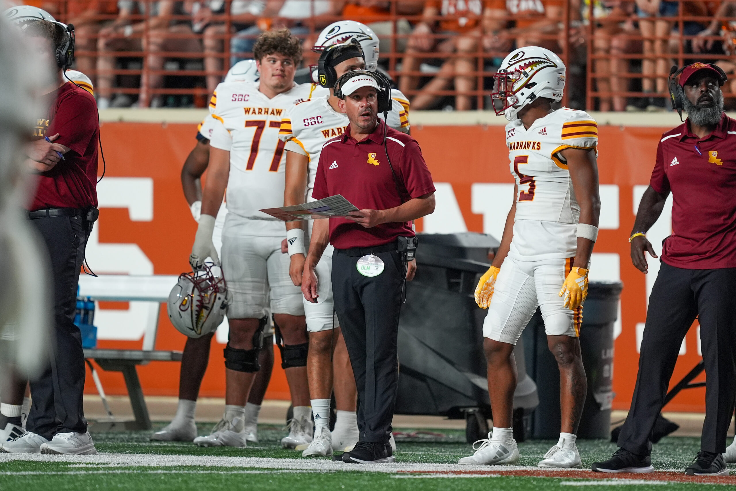 Sep 21, 2024; Austin, Texas, USA; Louisiana Monroe Warhawks head coach Bryant Vincent looks on in the second half against the Texas Longhorns at Darrell K Royal-Texas Memorial Stadium.