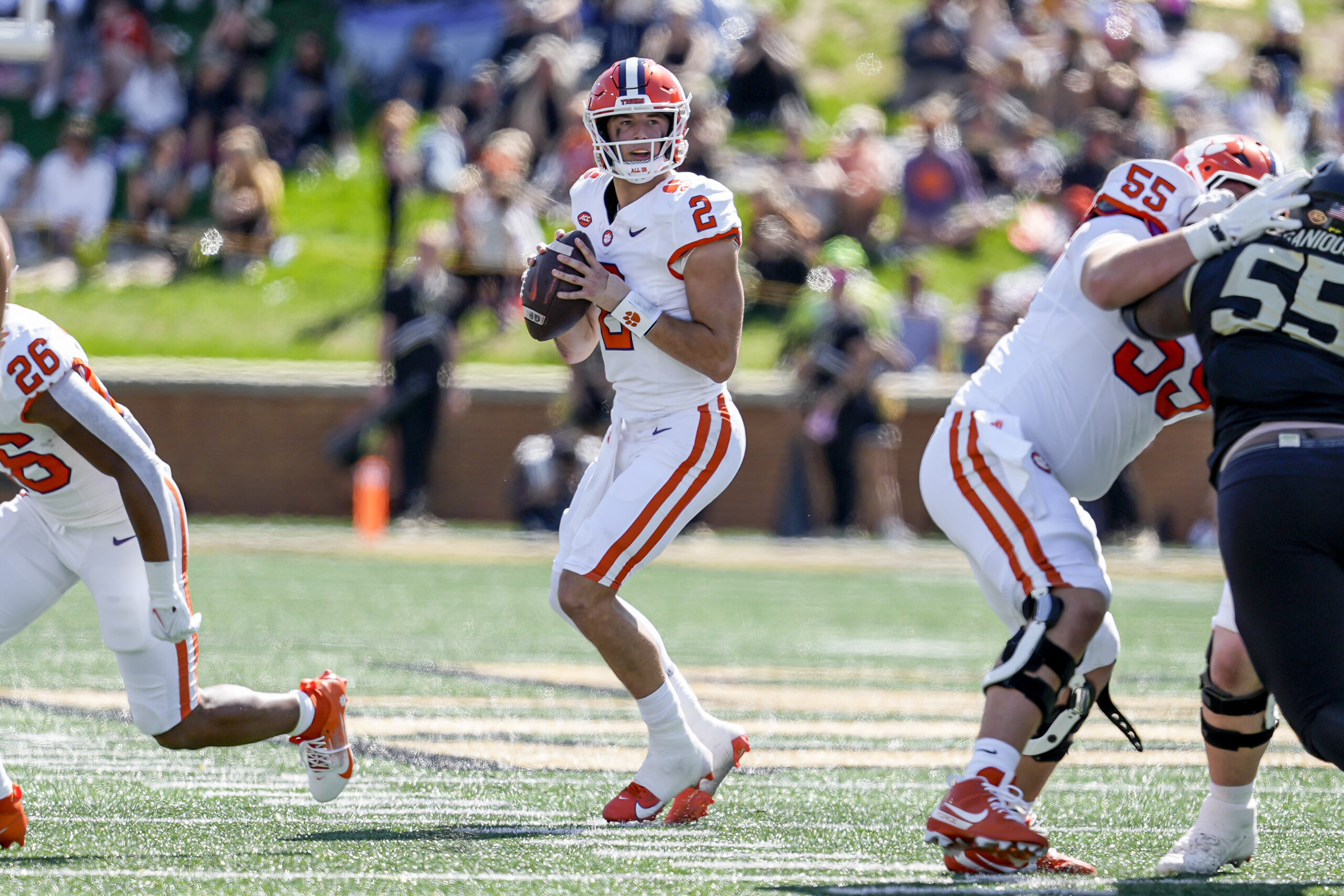 Oct 12, 2024; Winston-Salem, North Carolina, USA; Clemson Tigers quarterback Cade Klubnik (2) drops back to pass during the first half against the Clemson Tigers at Allegacy Federal Credit Union Stadium.