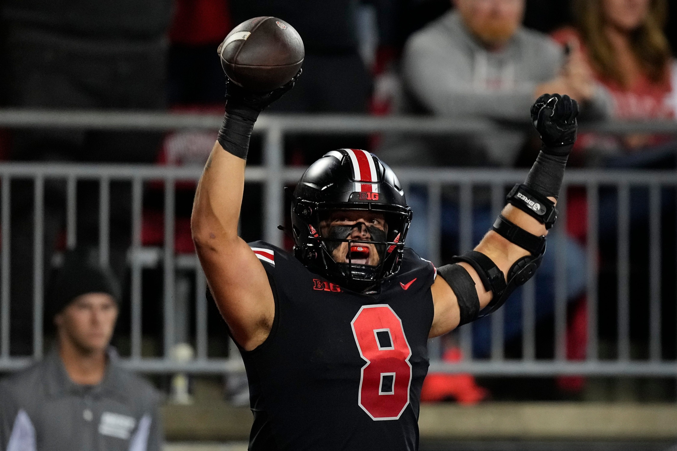 Sep 24, 2022; Columbus, Ohio, USA; Ohio State Buckeyes tight end Cade Stover (8) celebrates scoring a touchdown during the first half of the NCAA Division I football game against the Wisconsin Badgers at Ohio Stadium.