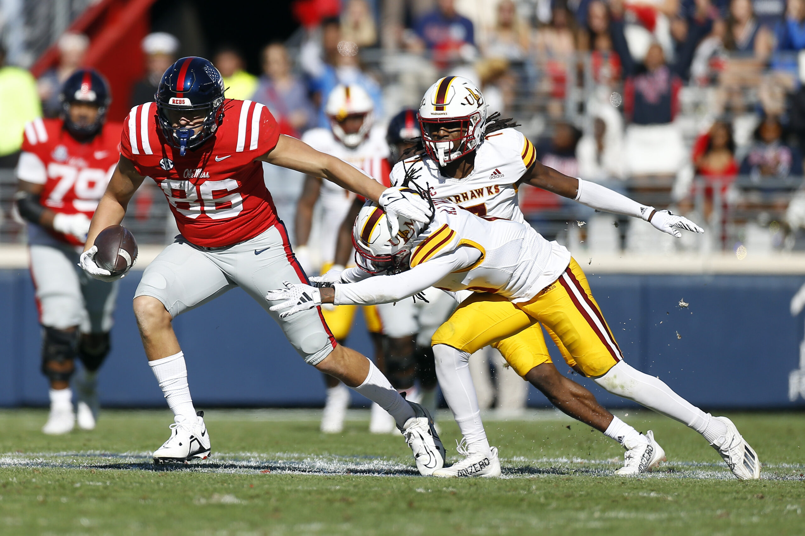 Nov 18, 2023; Oxford, Mississippi, USA; Mississippi Rebels tight end Caden Prieskorn (86) breaks a tackle against the Louisiana Monroe Warhawks during the second half at Vaught-Hemingway Stadium.