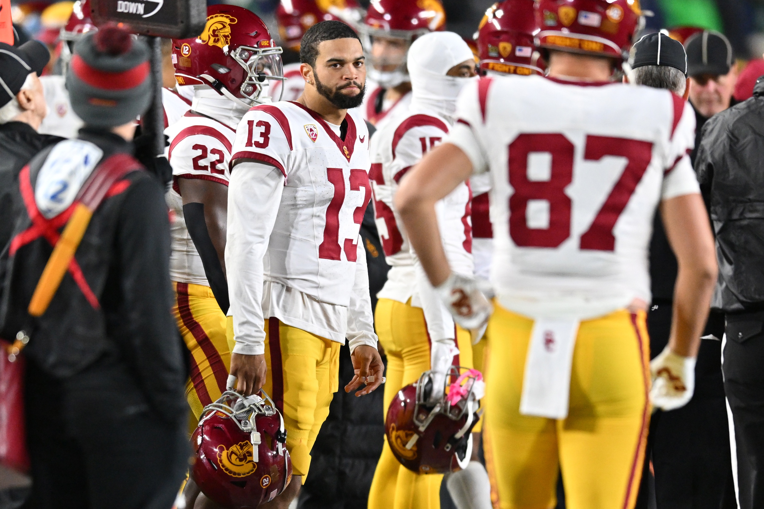 Oct 14, 2023; South Bend, Indiana, USA; USC Trojans quarterback Caleb Williams (13) reacts in the closing minutes of the game against the Notre Dame Fighting Irish at Notre Dame Stadium. Notre Dame won 48-20.