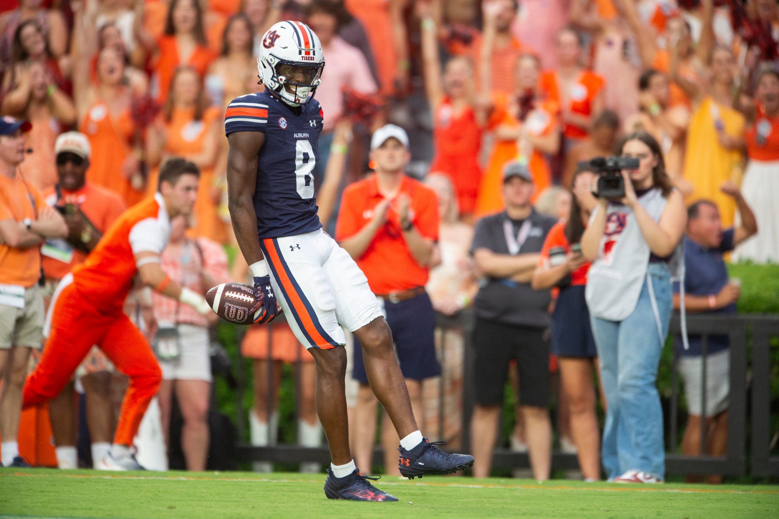 Auburn Tigers wide receiver Cam Coleman (8) celebrates his touchdown catch as Auburn Tigers takes on Alabama A&M Bulldogs at Jordan-Hare Stadium in Auburn, Ala., on Saturday, Aug. 31, 2024.