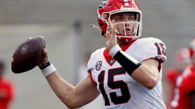 Georgia quarterback Carson Beck (15) throws the ball during the UGA G-Day spring football game at Sanford Stadium in Athens on Saturday