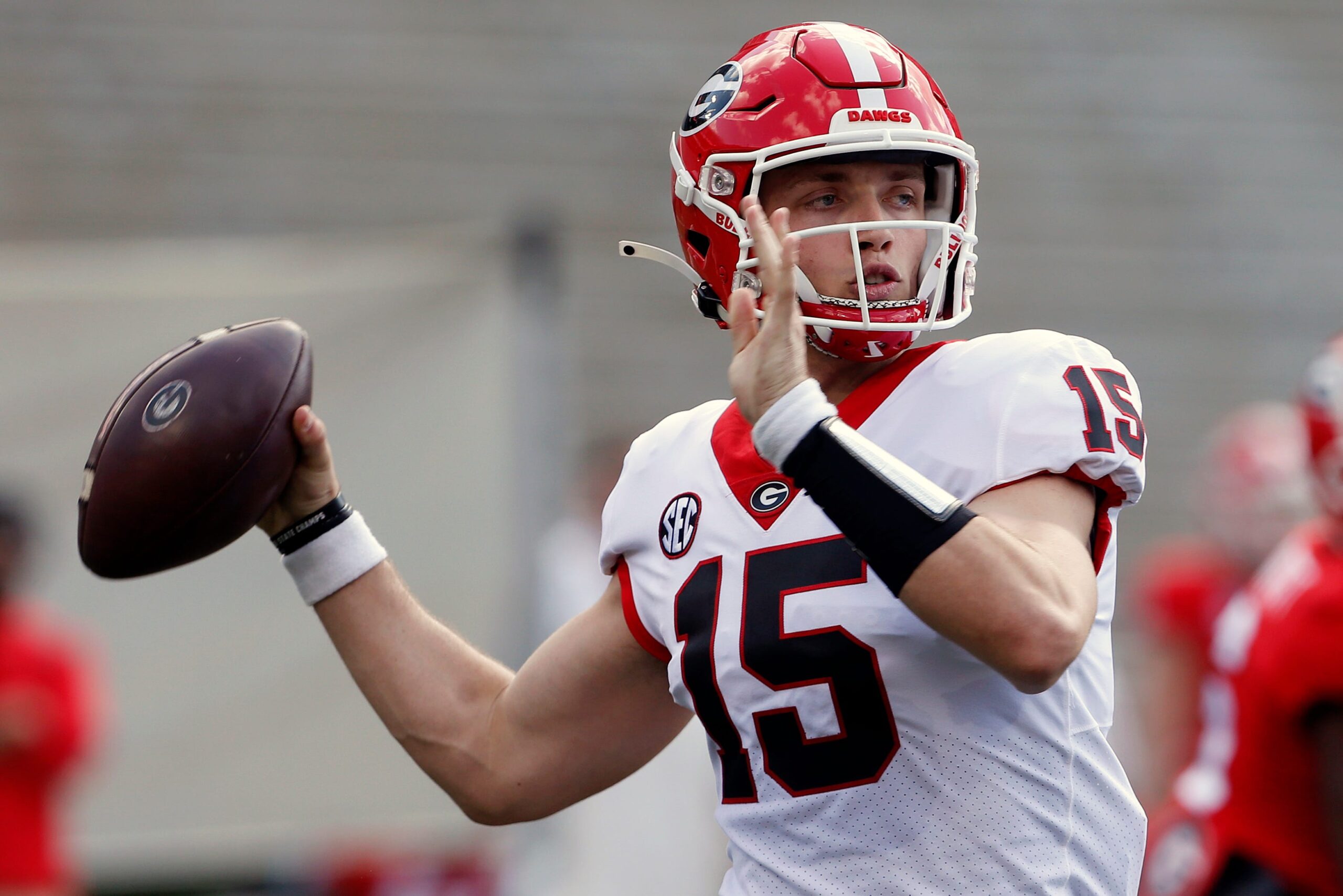 Georgia quarterback Carson Beck (15) throws the ball during the UGA G-Day spring football game at Sanford Stadium in Athens on Saturday, April 15, 2023.