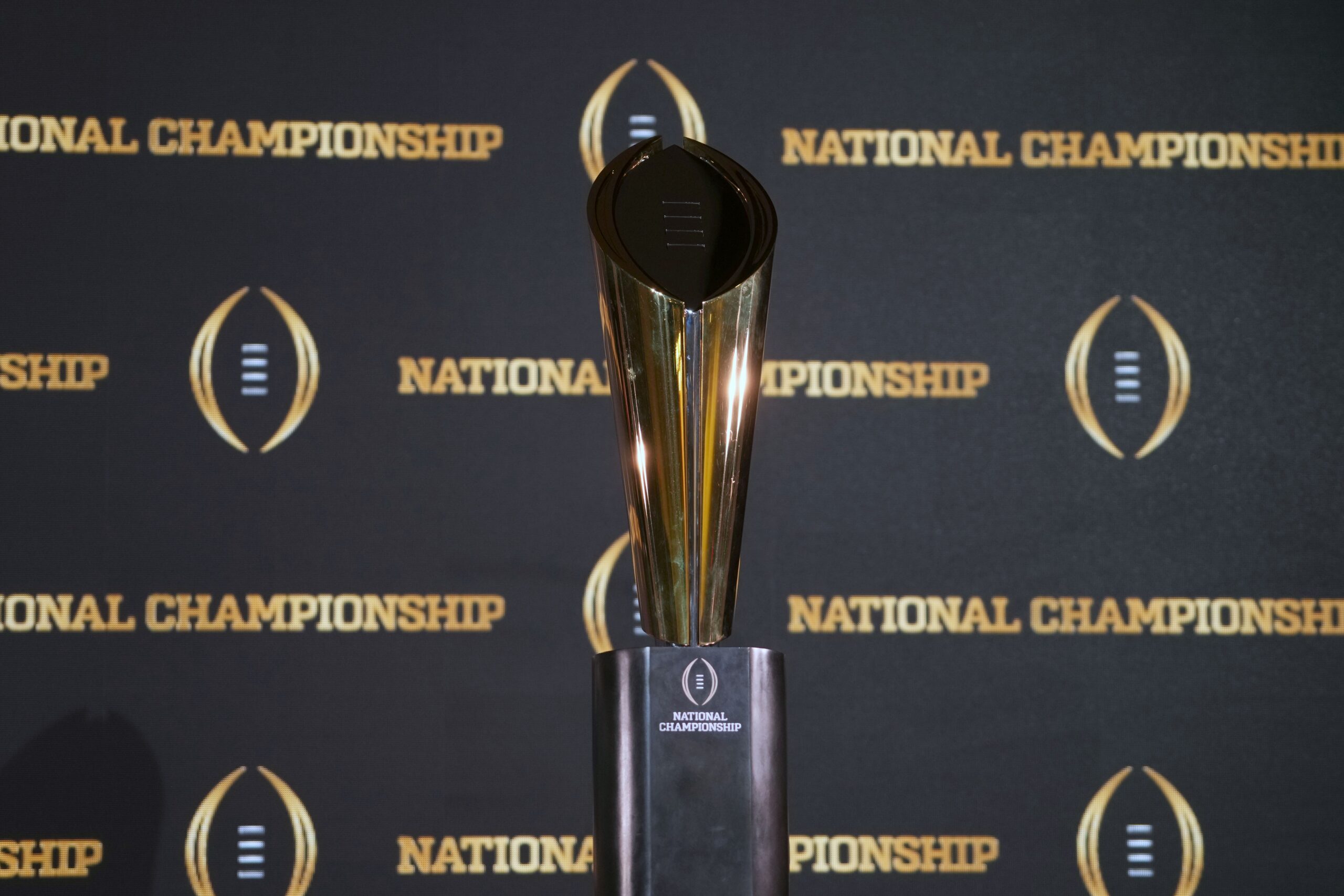 Jan 9, 2024; Houston, TX, USA; The College Football National Championship trophy at press conference at JW Marriot Houston by the Galleria.