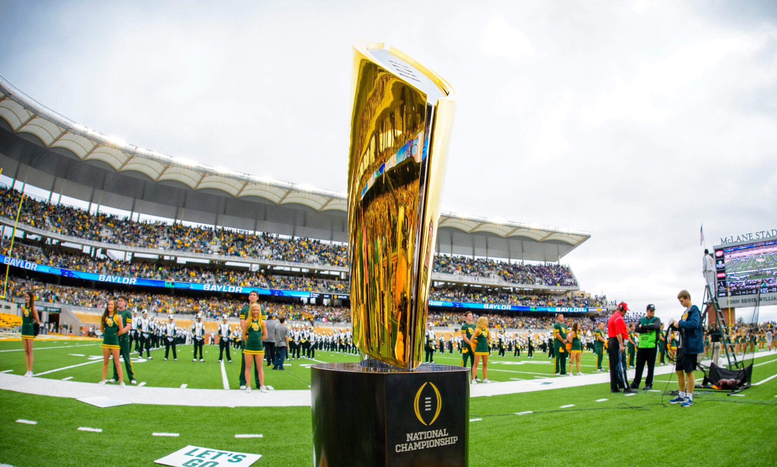 The College Football Playoff National Championship Trophy makes an appearance at the NCAA college football game between Tennessee and Kentucky on Saturday, October 29, 2022 in Knoxville, Tenn.