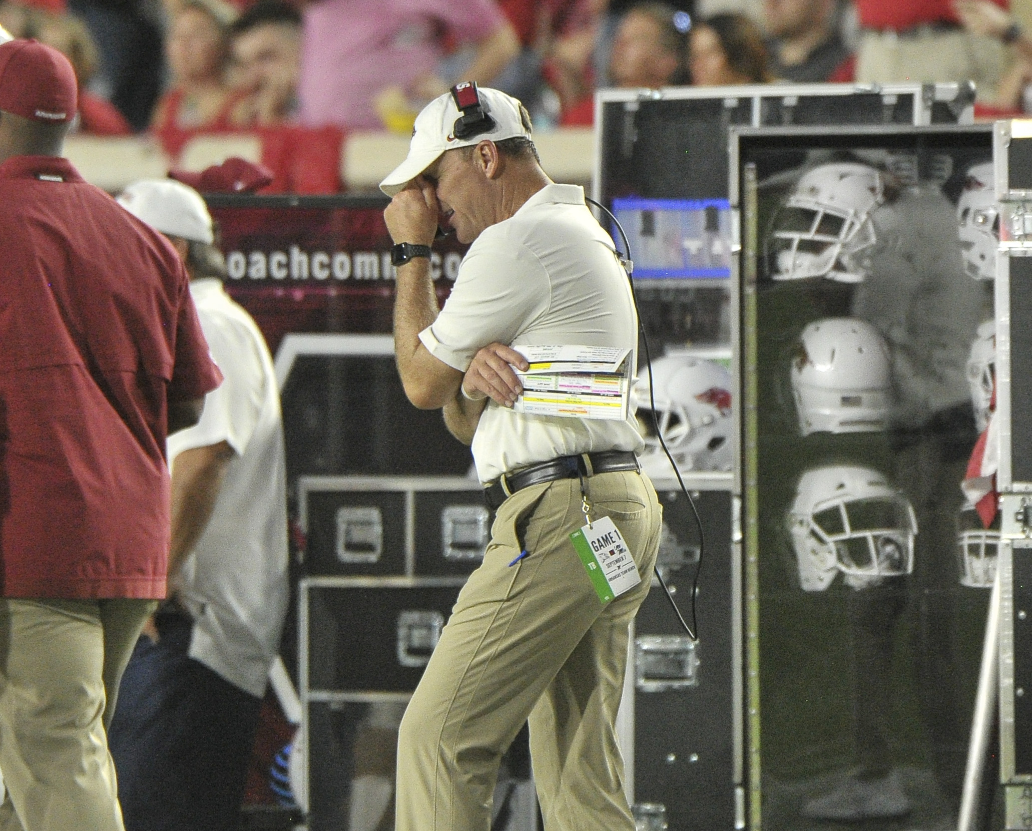 Sep 7, 2019; Oxford, MS, USA; Arkansas Razorbacks head coach Chad Morris reacts during the first half against the Mississippi Rebels at Vaught-Hemingway Stadium.
