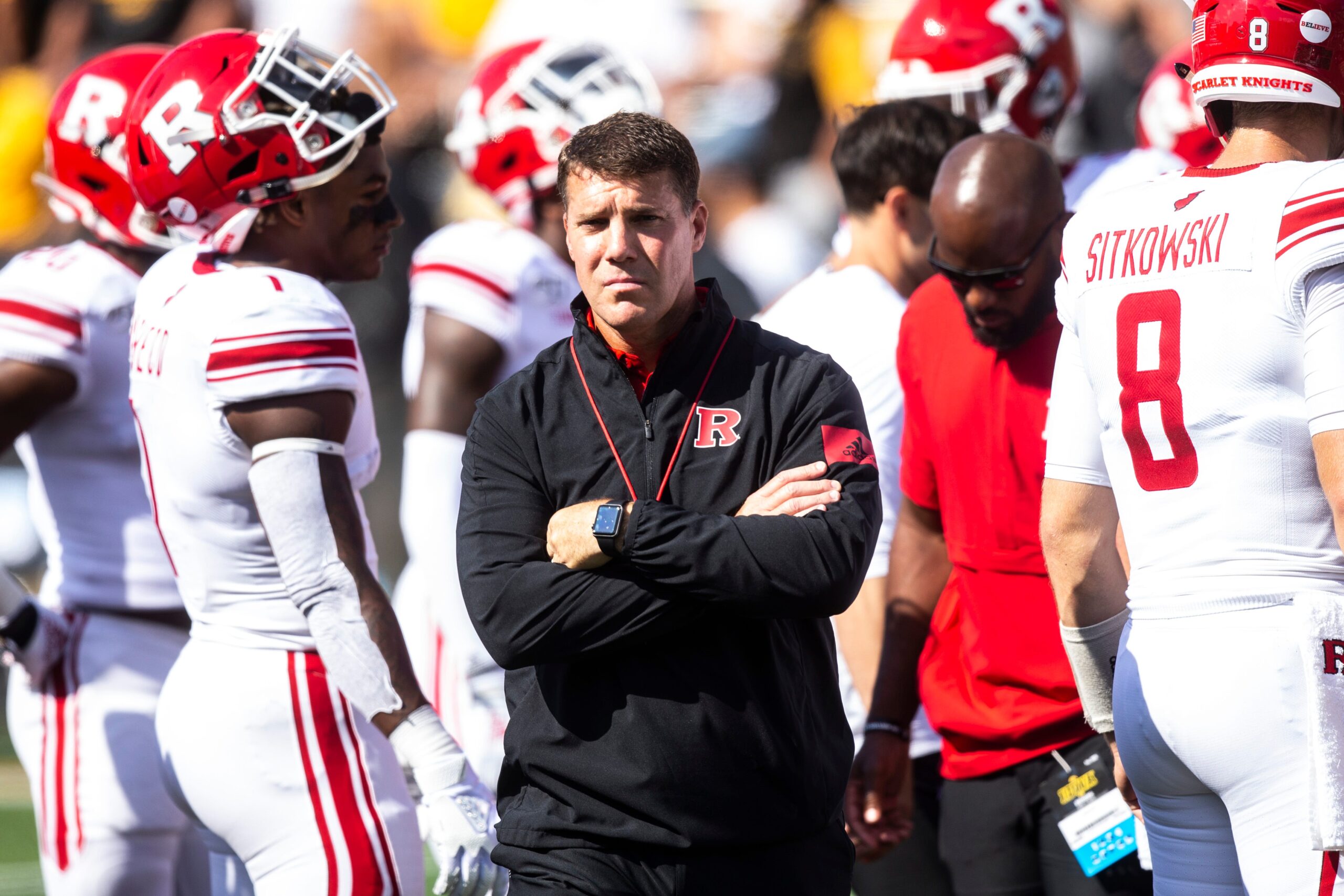 Rutgers head coach Chris Ash watches players warm up before a NCAA Big Ten Conference football game against Rutgers, Saturday, Sept. 7, 2019, at Kinnick Stadium in Iowa City, Iowa.