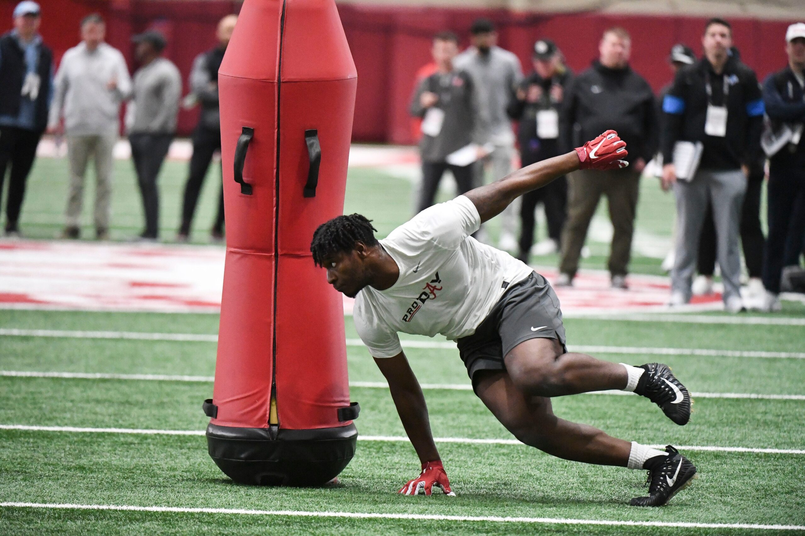 Mar 20, 2024; Tuscaloosa, Alabama, USA; Alabama linebacker Chris Braswell runs a drill at the Hank Crisp Indoor Practice Facility during the University of Alabama’s Pro Day.