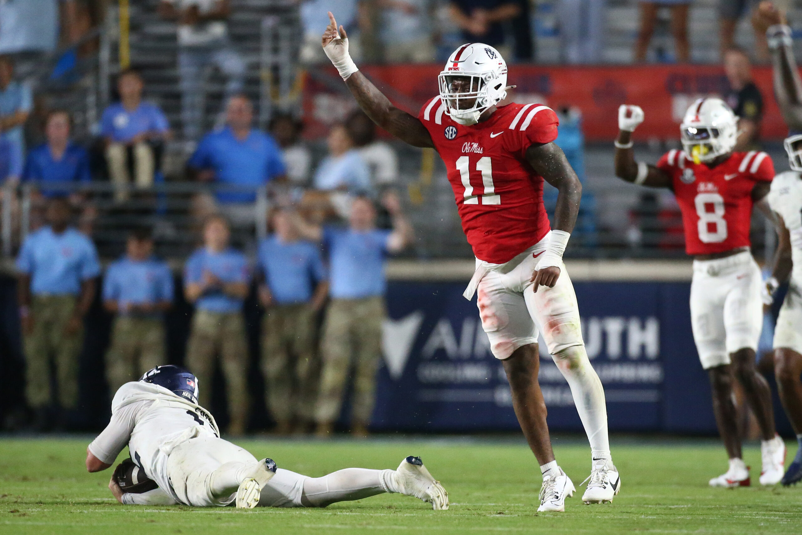 Sep 21, 2024; Oxford, Mississippi, USA; Mississippi Rebels linebacker Chris Paul Jr. (11) reacts after a defensive stop during the first half against the Georgia Southern Eagles at Vaught-Hemingway Stadium.