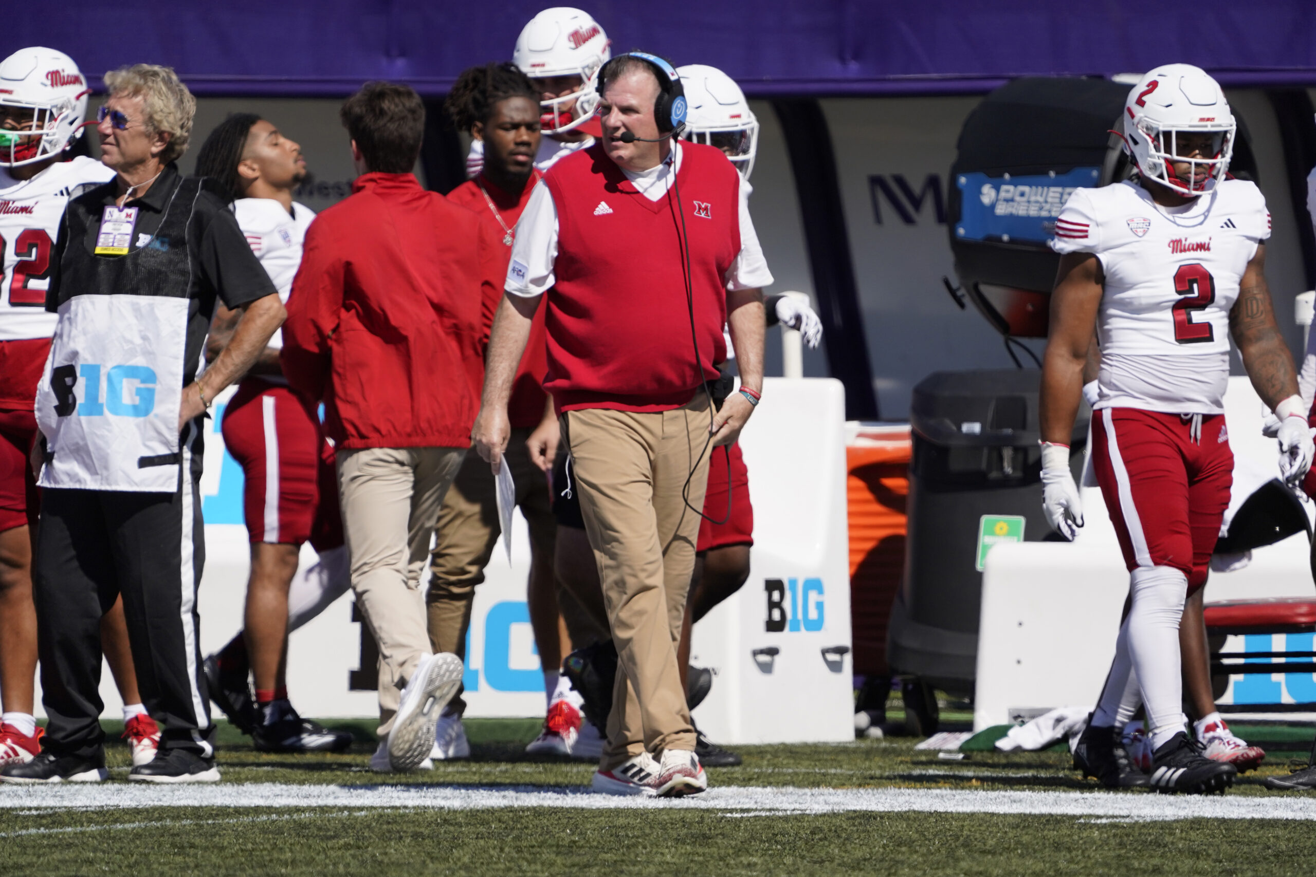 Aug 31, 2024; Evanston, Illinois, USA; Miami (Oh) Redhawks head coach Chuck Martin on the sidelines against the Northwestern Wildcats during the first half at Lanny and Sharon Martin Stadium.