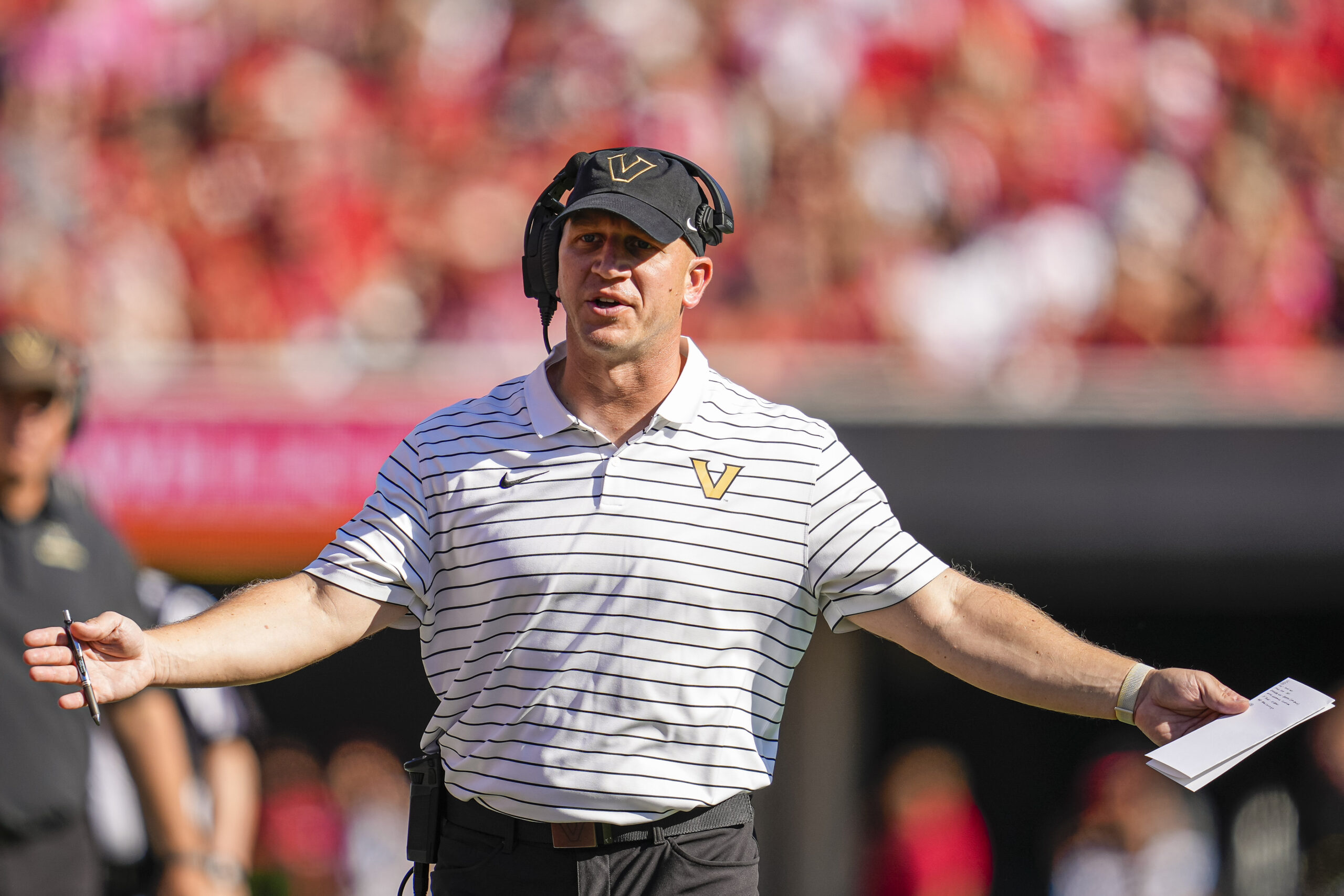 Oct 15, 2022; Athens, Georgia, USA; Vanderbilt Commodores head coach Clark Lea reacts on the sideline against the Georgia Bulldogs at Sanford Stadium.