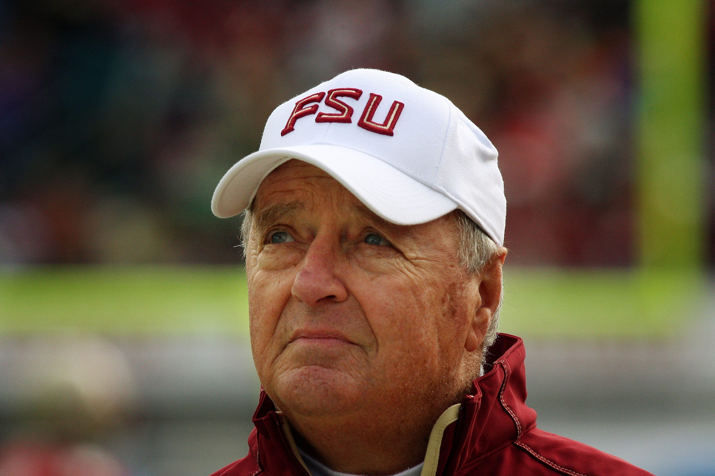 Legendary Florida State University football coach Bobby Bowden looks up at the replay screen during his final game against West Virginia at Jacksonville Municipal Stadium for the Gator Bowl Friday January 1, 2010.
