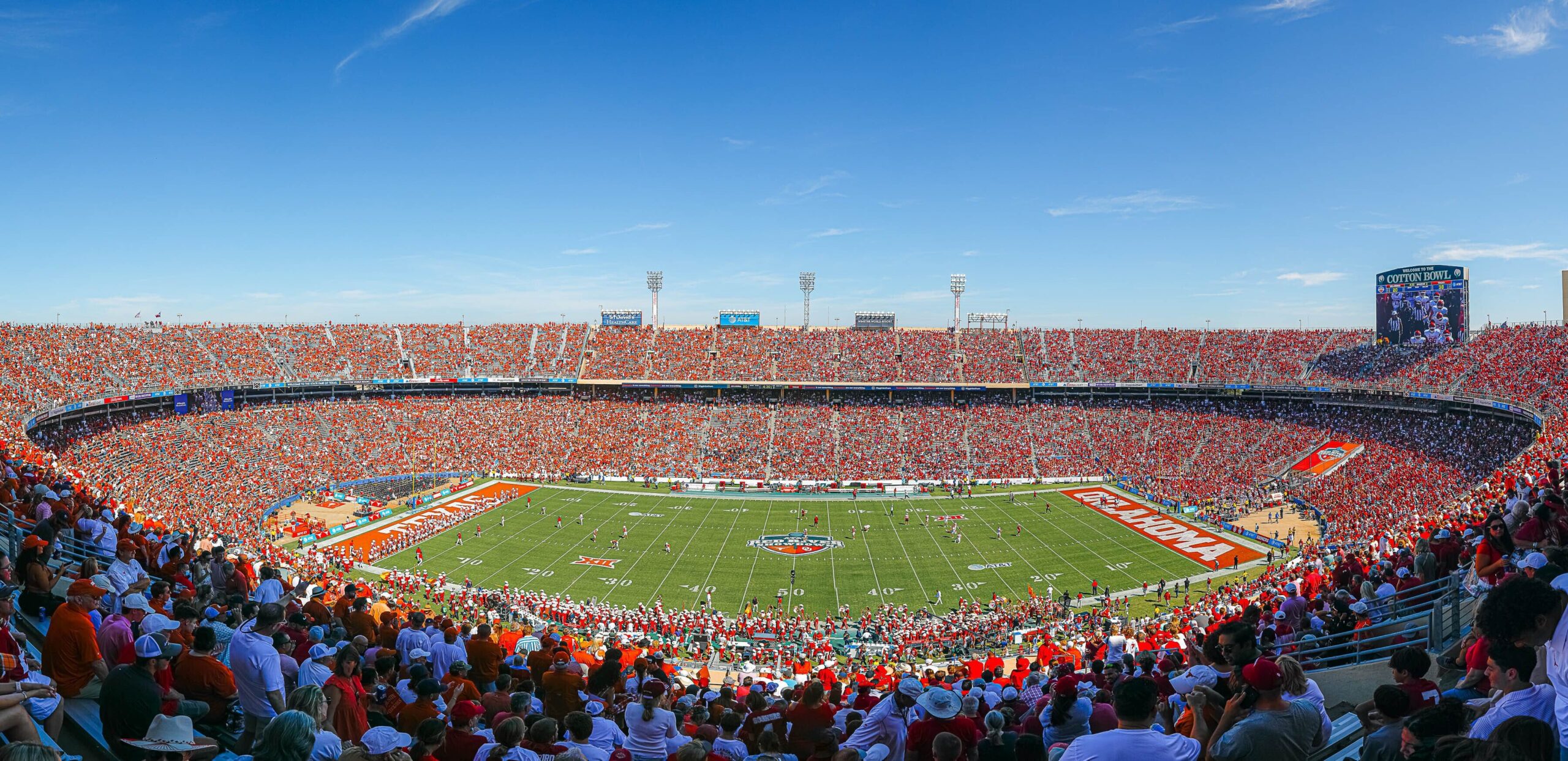 The Cotton Bowl in Dallas, Texas hosting the annual Red River Rivalry between the Texas Longhorns and Oklahoma Sooners