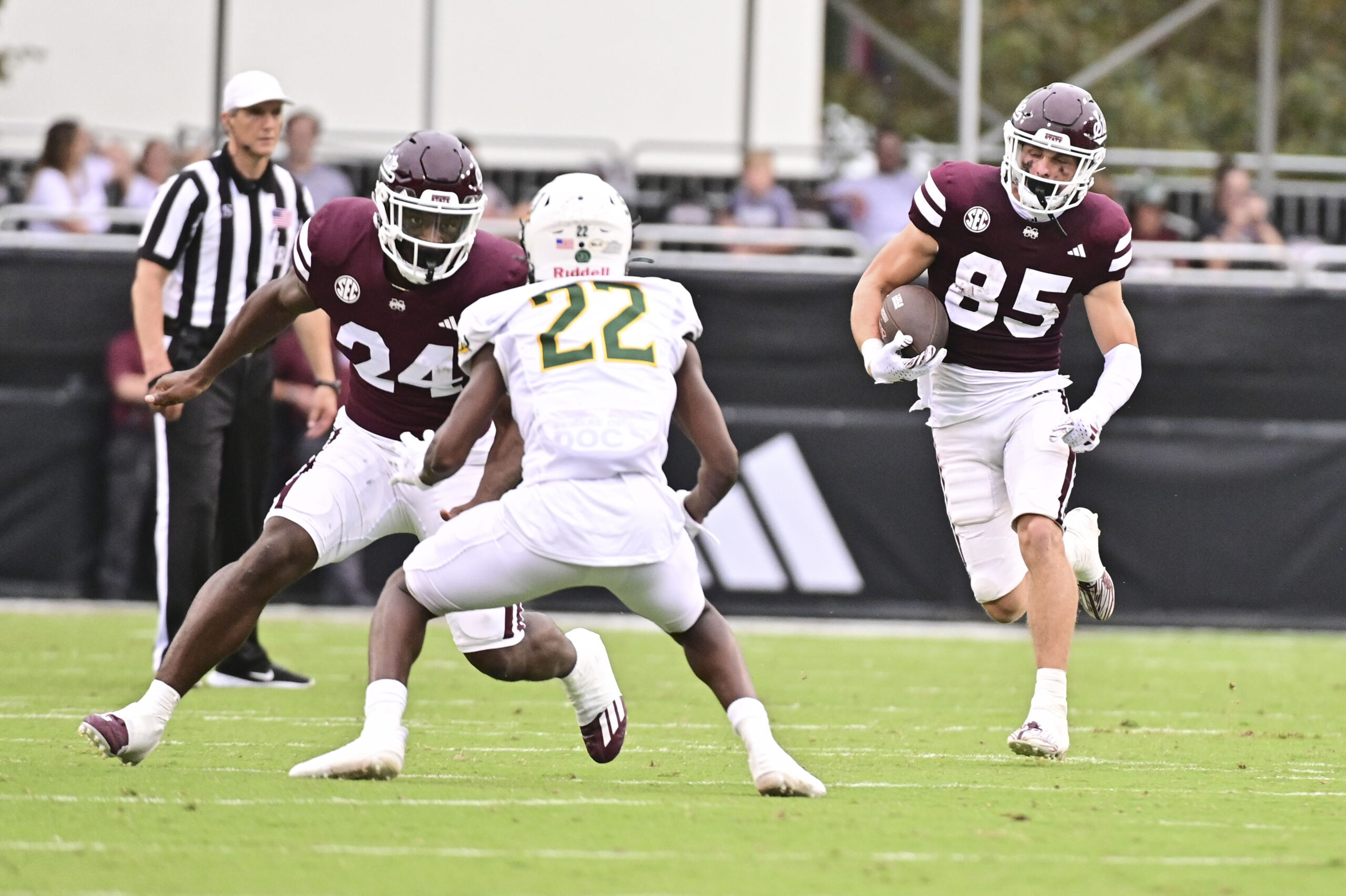 Sep 2, 2023; Starkville, Mississippi, USA;Mississippi State Bulldogs wide receiver Creed Whittemore (85) runs the ball against the Southeastern Louisiana Lions on a play that would result in a touchdown during the fourth quarter at Davis Wade Stadium at Scott Field.
