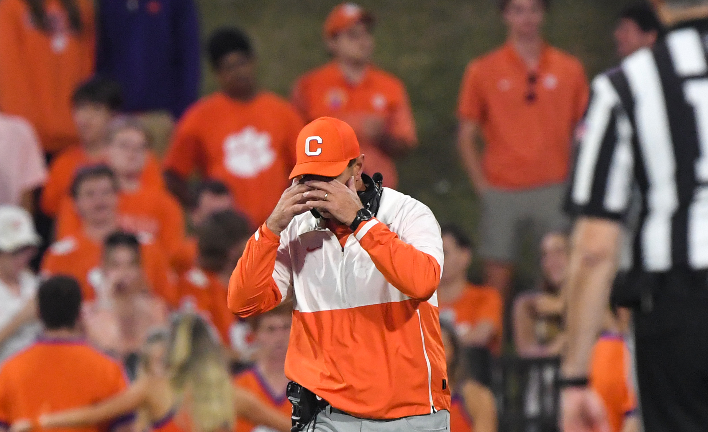 Nov 2, 2024; Clemson, South Carolina, USA; Clemson Tigers head coach Dabo Swinney reacts after people in the stands threw water bottles on the field after a call in favor of the Louisville Cardinals Cardinals during the fourth quarter at Memorial Stadium.