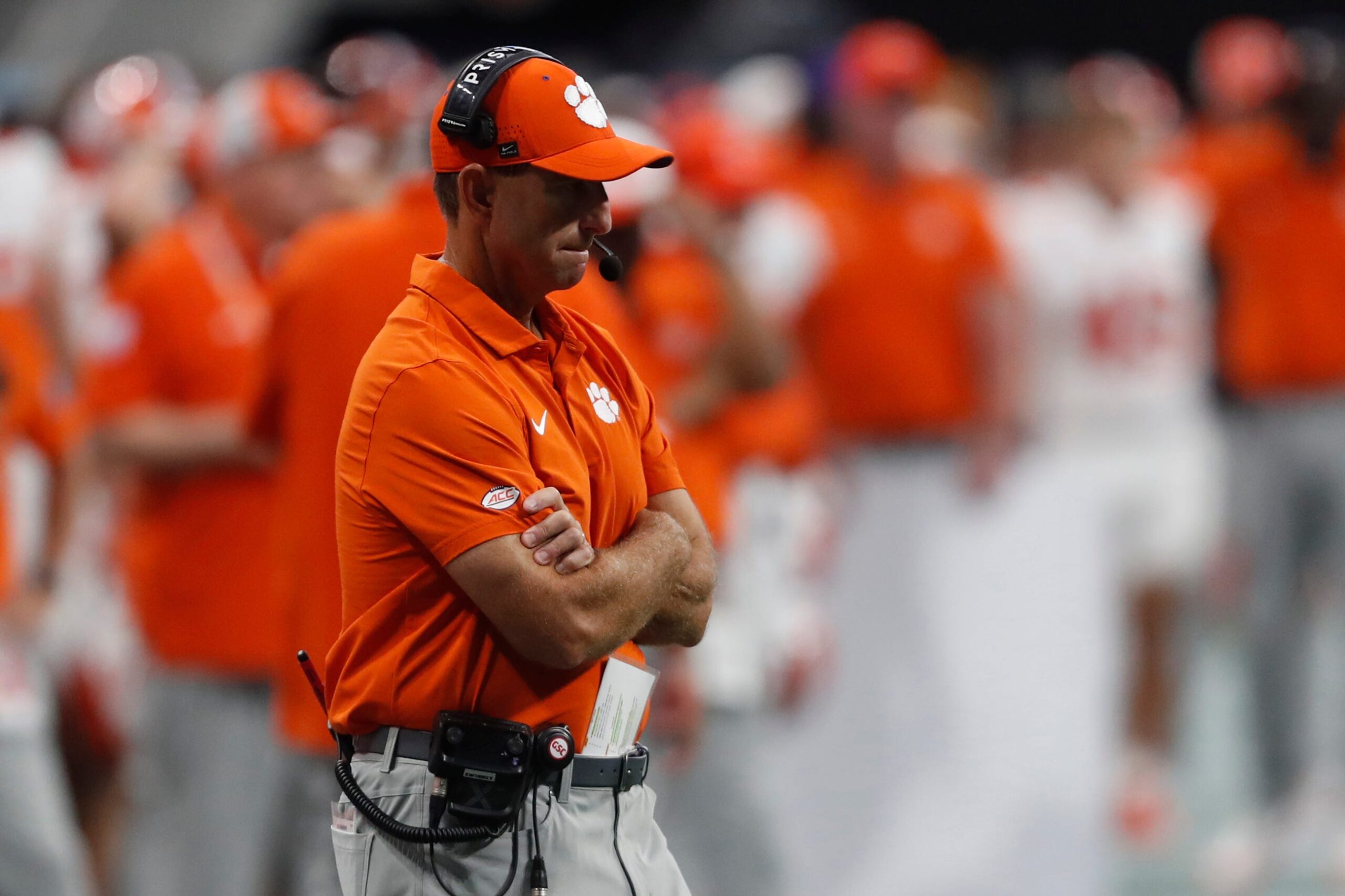 Clemson head coach Dabo Swinney speaks in the Smart Family Media Center in Clemson