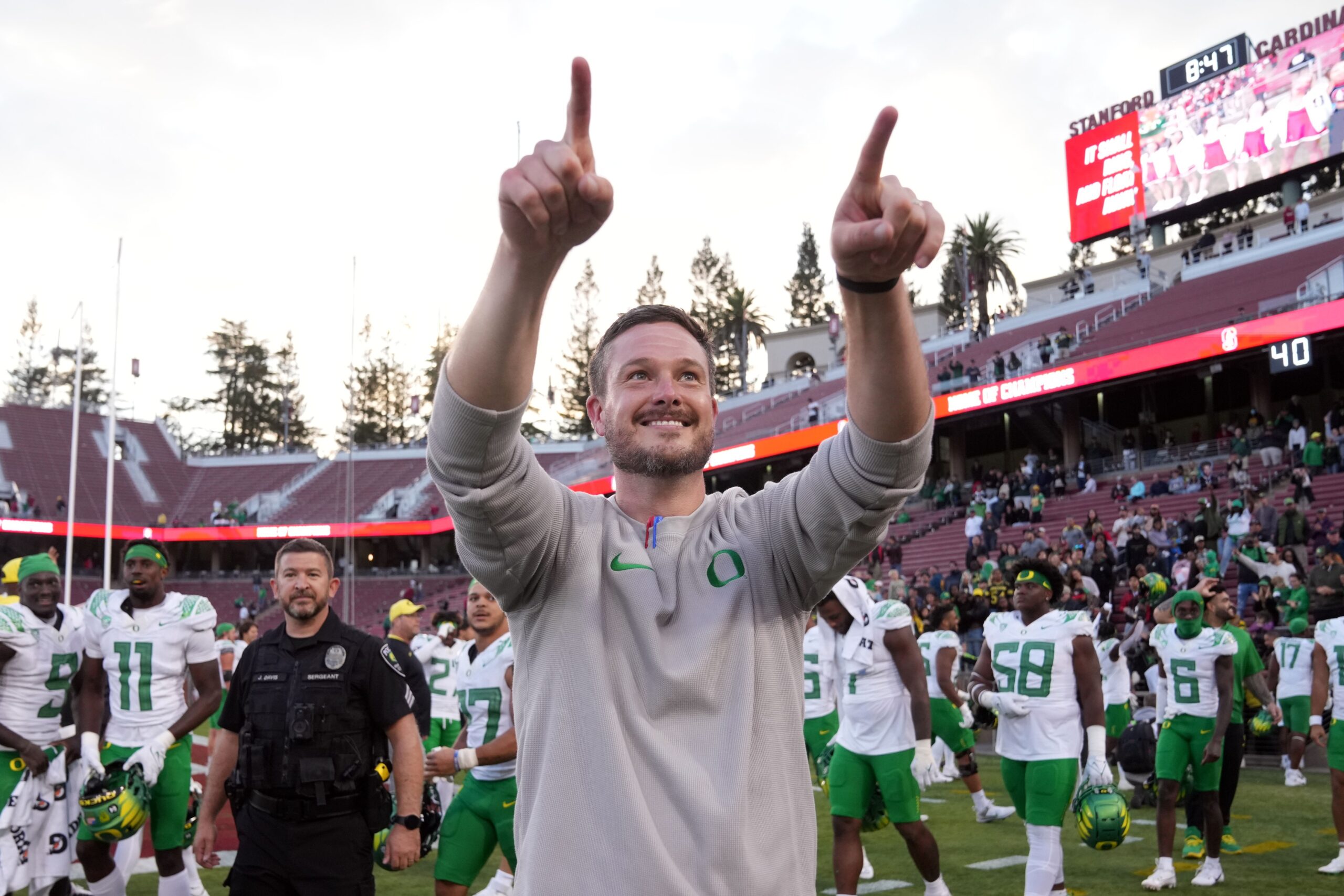 Sep 30, 2023; Stanford, California, USA; Oregon Ducks head coach Dan Lanning celebrates after defeating the Stanford Cardinal at Stanford Stadium.