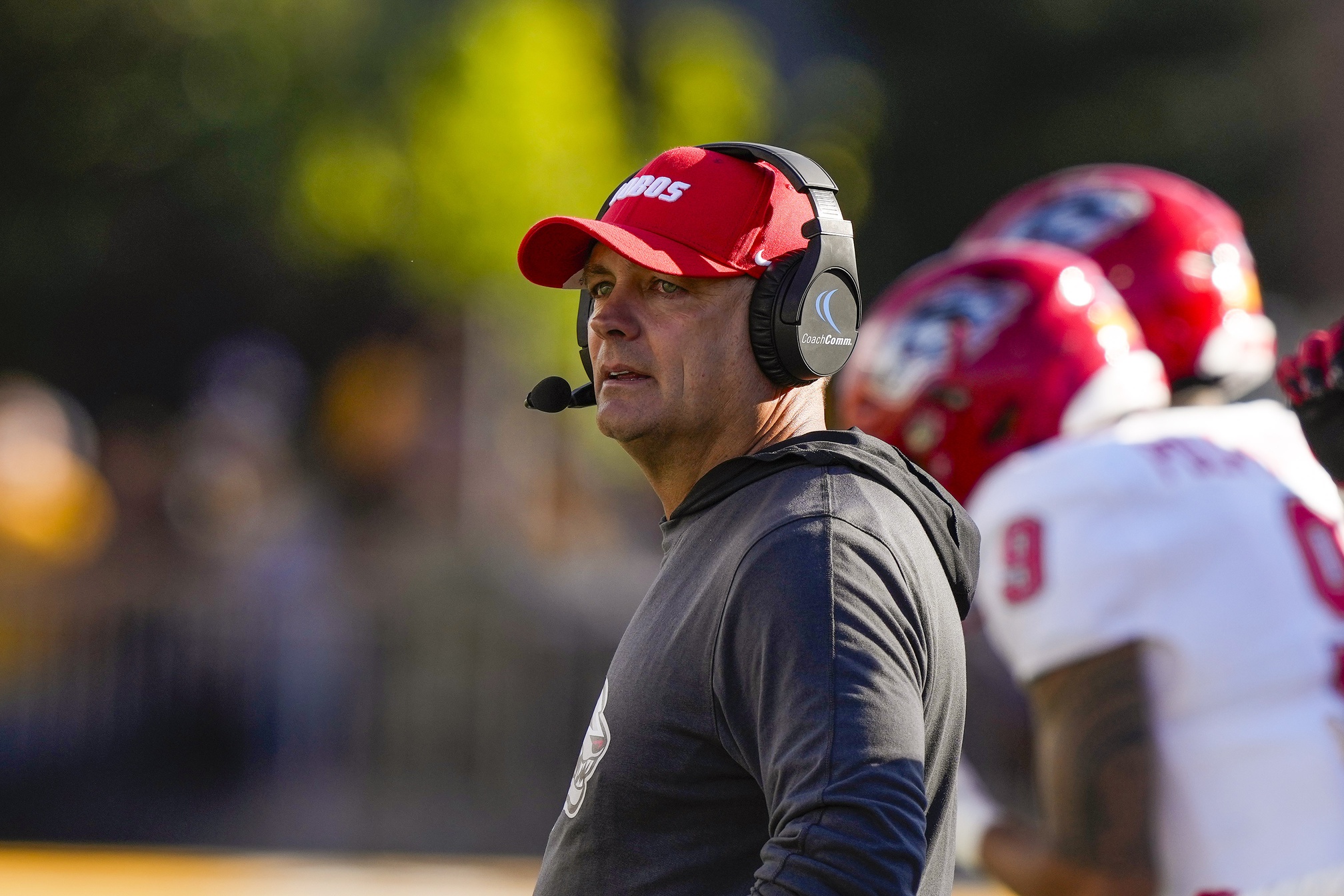 Sep 30, 2023; Laramie, Wyoming, USA; New Mexico Lobos head coach Danny Gonzales reacts against the Wyoming Cowboys during the fourth quarter at Jonah Field at War Memorial Stadium.