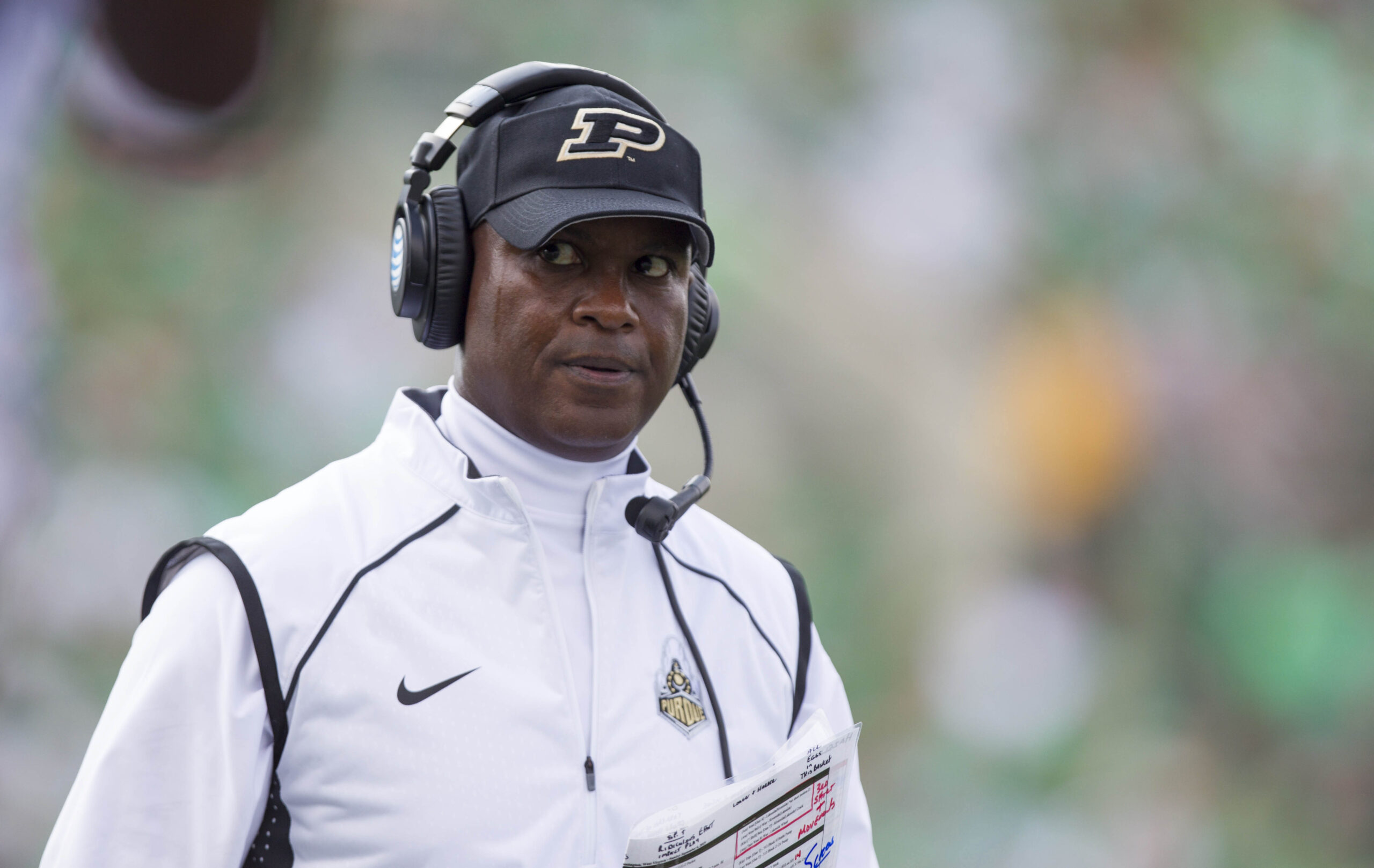 Sep 6, 2015; Huntington, WV, USA; Purdue Boilermakers head coach Darrell Hazell looks on the sidelines during the second quarter against the Marshall Thundering Herd at Joan C. Edwards Stadium.