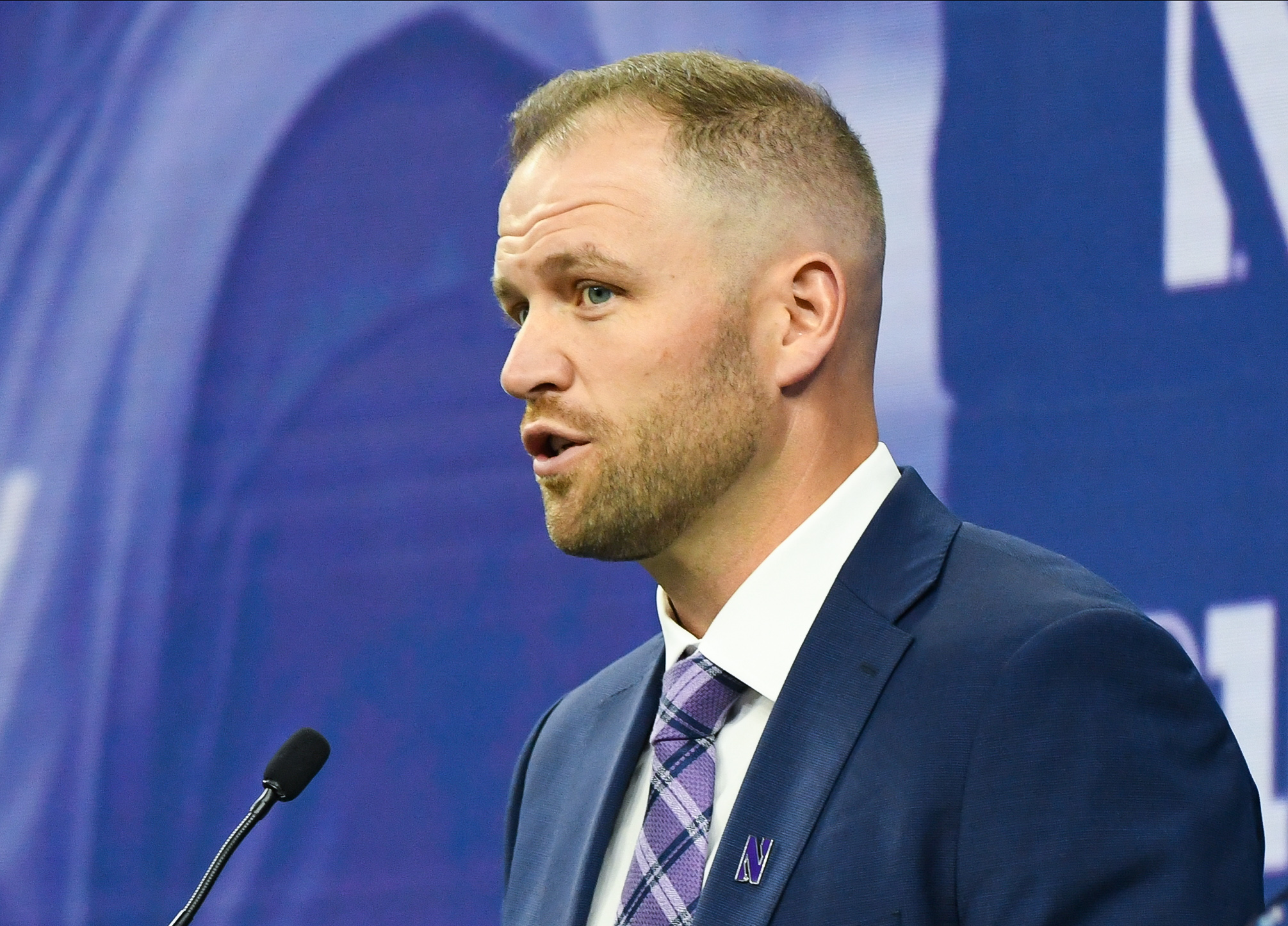 Jul 26, 2023; Indianapolis, IN, USA; Northwestern Wildcats interim head coach David Braun speaks to the media during the Big 10 football media day at Lucas Oil Stadium.