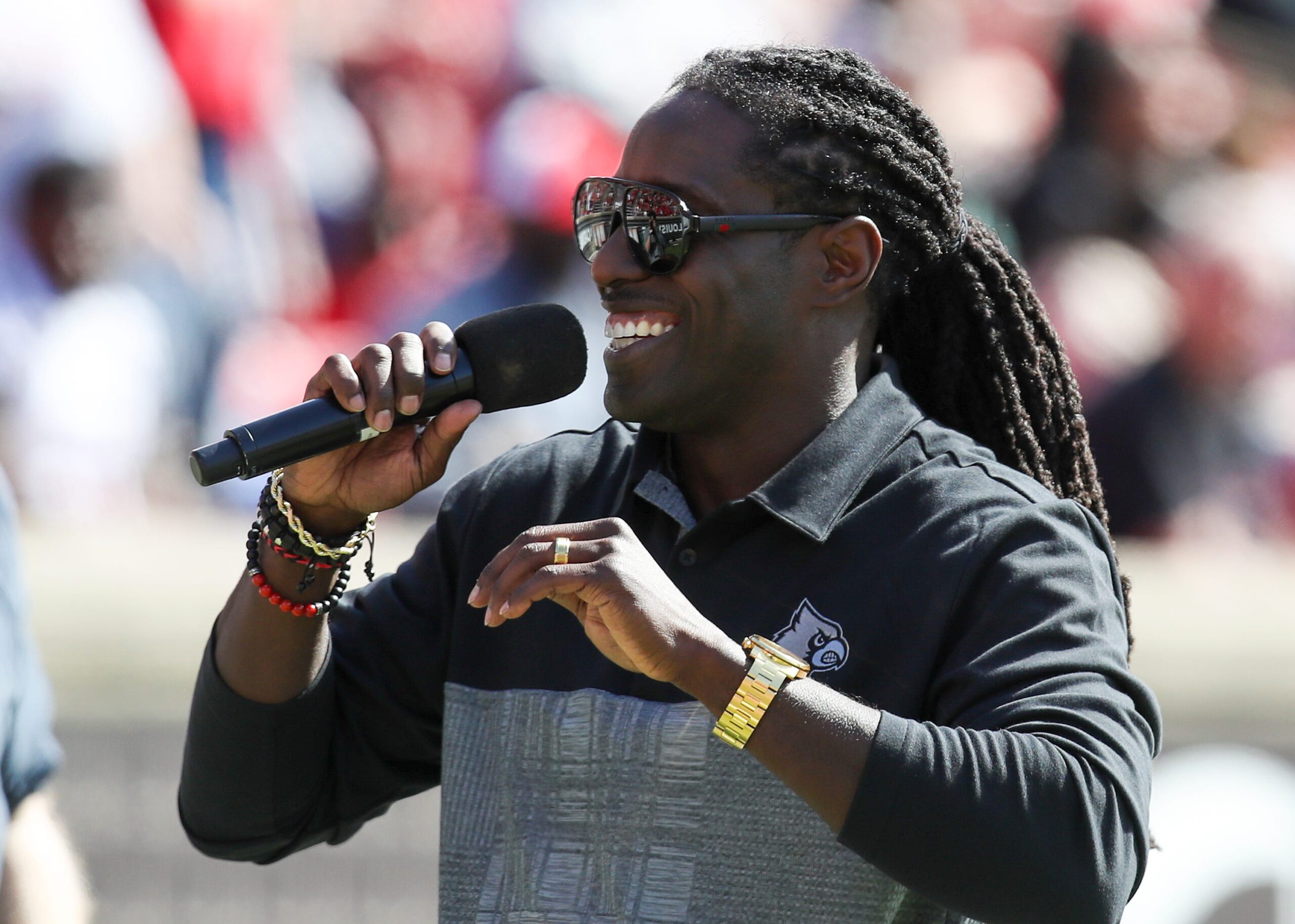 Deion Branch was on hand to entertain the crowd during practice at Cardinal Stadium on Sunday, April 3, 2021