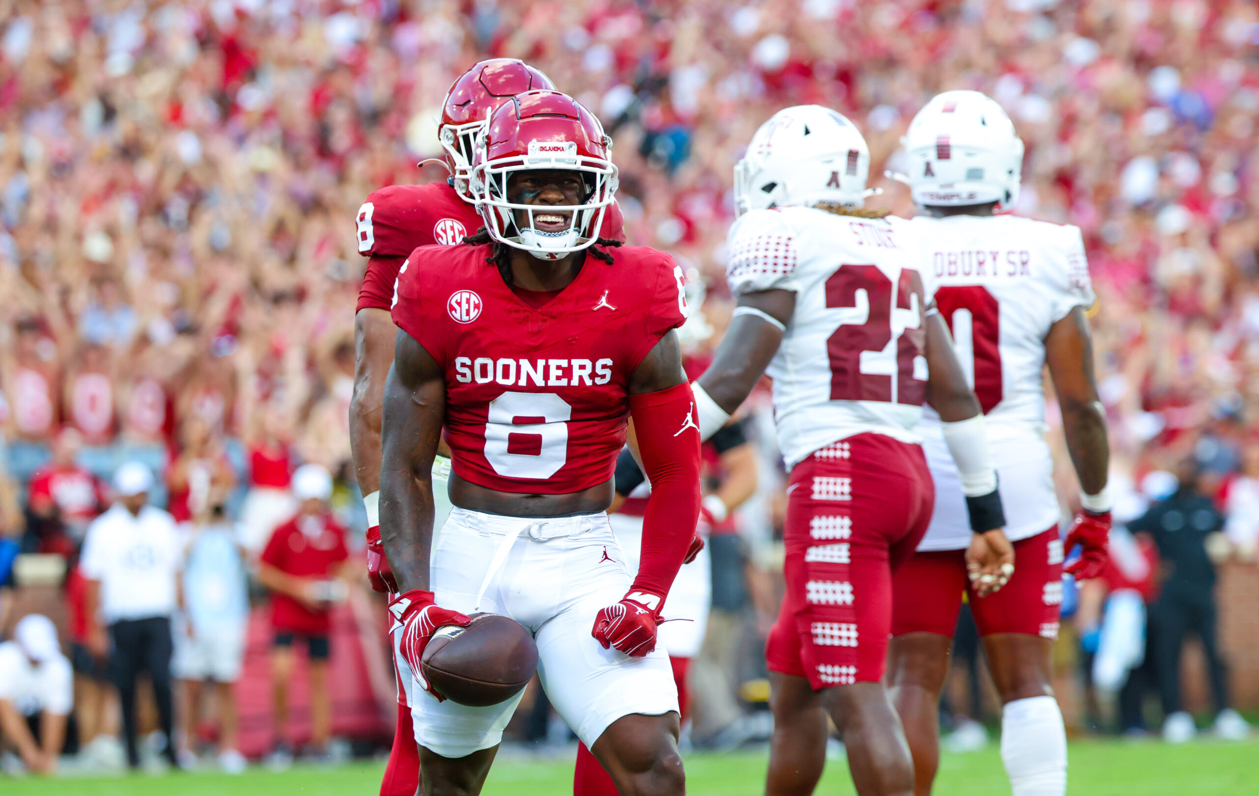 Deion Burks (6) runs drills during an Oklahoma football practice in Norman, Okla., on Friday, April 12, 2024.
