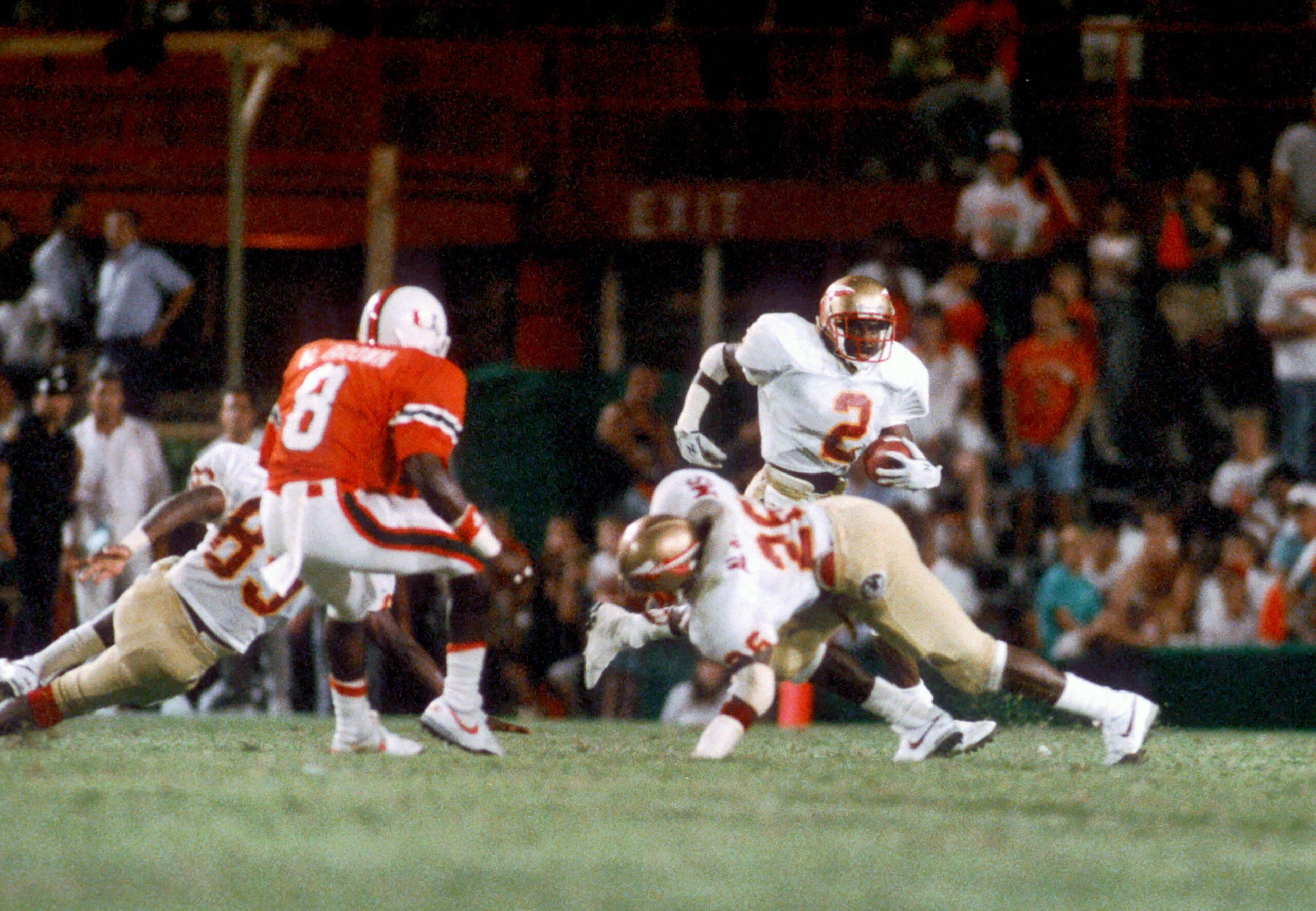Sep 3, 1988; Miami, FL, USA; FILE PHOTO; Florida State Seminoles cornerback Deion Sanders (2) in action against the Miami Hurricanes at the Orange Bowl. Miami defeated Florida State 31-0.