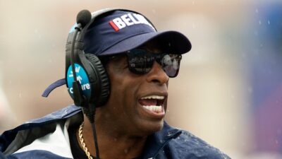 Jackson State head coach Deion Sanders shouts instructions to the Tigers during play against Texas Southern n Jackson Miss.