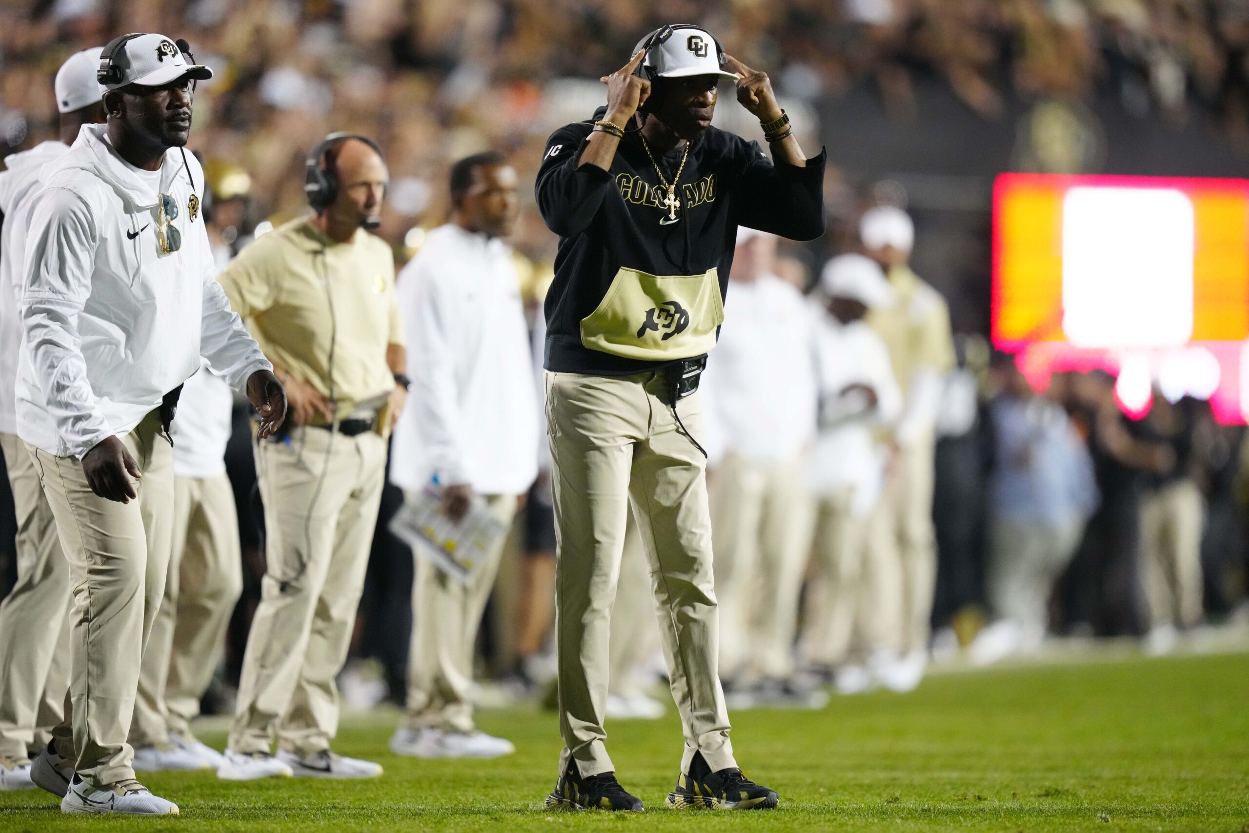 Sep 16, 2023; Boulder, Colorado, USA; Colorado Buffaloes head coach Deion Sanders on the sidelines during double overtime against the Colorado State Rams at Folsom Field.